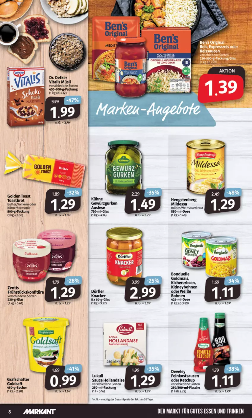 Aktueller Prospekt Markant - Prospekte - von 20.02 bis 25.02.2023 - strona 8 - produkty: auer, butter, develey, eis, feinkost, flasche, golden toast, hengstenberg, ketchup, konfitüre, Kraut, Kühne, müsli, reis, sauce, saucen, Sauerkraut, Ti, toast, vita, vitalis, vitalis müsli, wein, Weinsauerkraut, zentis, ZTE