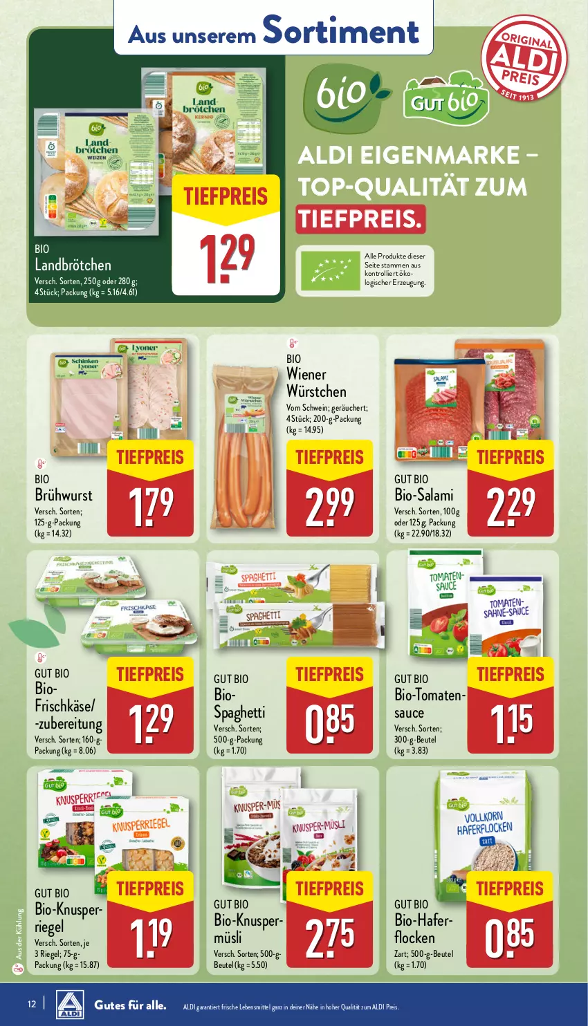 Aktueller Prospekt Aldi Nord - Von Montag - von 13.01 bis 18.01.2025 - strona 12 - produkty: aldi, beutel, bio, Bio-Salami, brötchen, Brühwurst, eis, frischkäse, hafer, haferflocken, Käse, Knuspermüsli, lebensmittel, müsli, reis, riegel, salami, sauce, schwein, spaghetti, Ti, tiefpreis, tomate, tomaten, tomatensauce, trolli, wein, wiener, wiener würstchen, wurst, würstchen