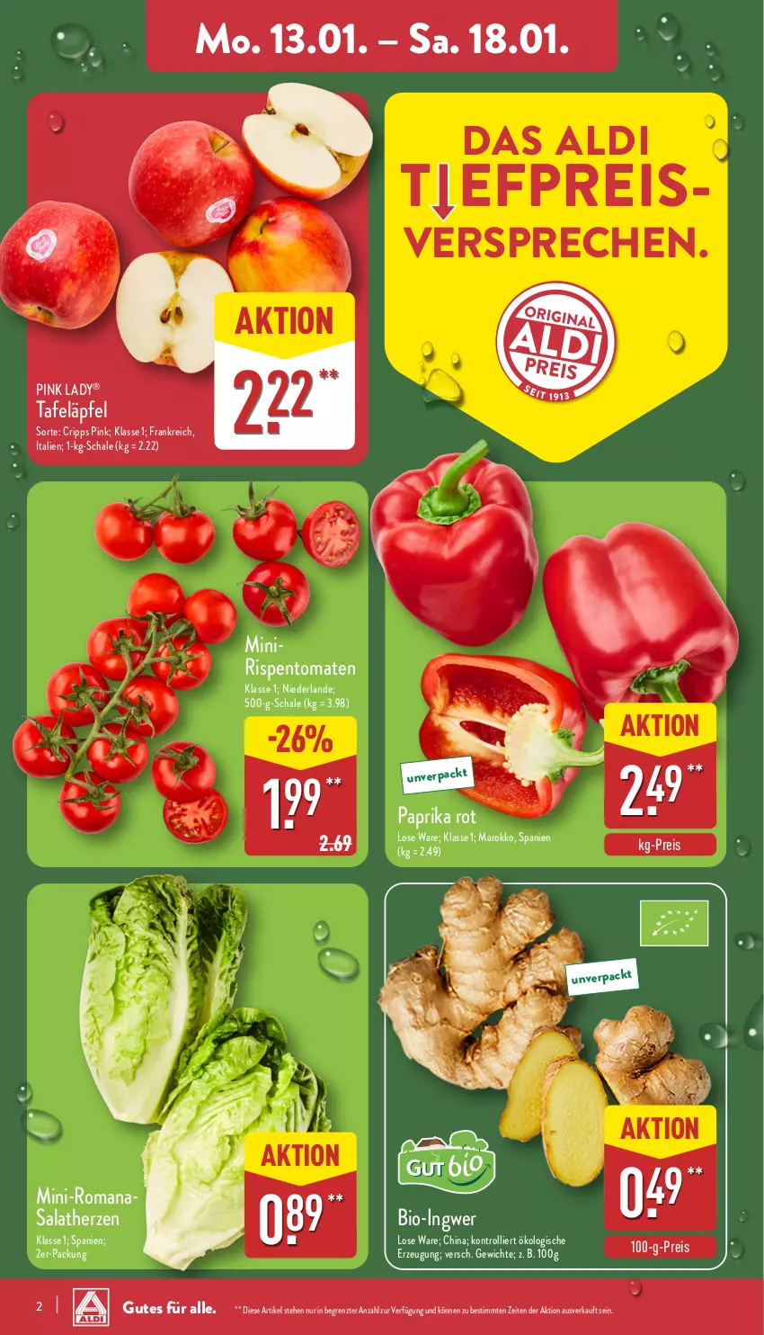 Aktueller Prospekt Aldi Nord - Von Montag - von 13.01 bis 18.01.2025 - strona 2 - produkty: aldi, bio, eis, ingwer, paprika, paprika rot, Pink Lady, reis, rispentomaten, Romanasalat, salat, salatherzen, Schal, Schale, tafeläpfel, Ti, tomate, tomaten, trolli, ZTE