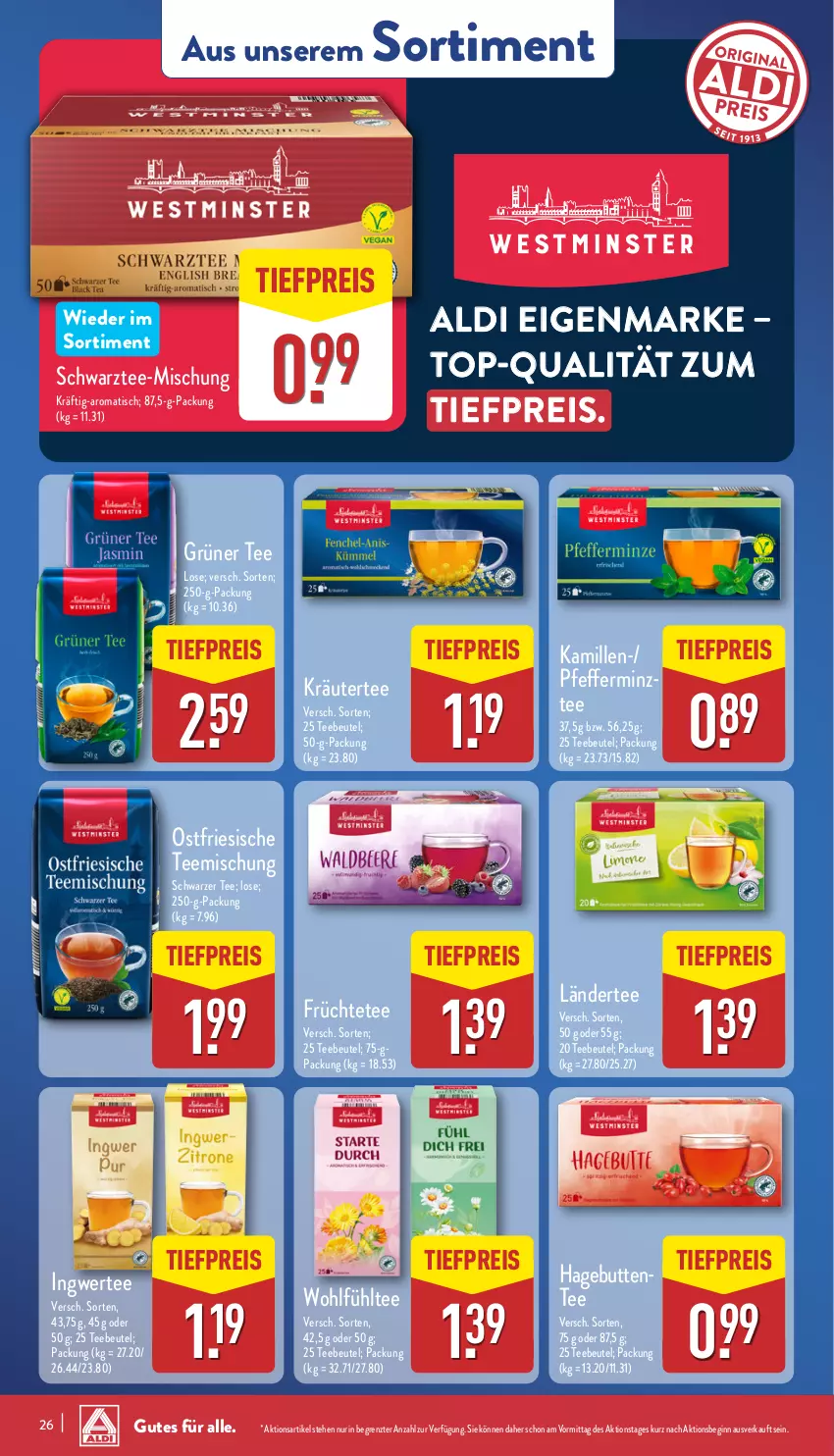 Aktueller Prospekt Aldi Nord - Von Montag - von 13.01 bis 18.01.2025 - strona 26 - produkty: aldi, beutel, eis, früchte, Früchtetee, gin, grüner tee, ingwer, Kamill, kamille, kräuter, Ländertee, pfeffer, reis, schwarzer tee, tee, Teebeutel, Ti, tiefpreis, tisch, ZTE