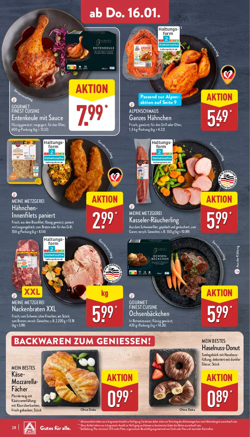 Aktueller Prospekt Aldi Nord - Von Montag - von 13.01 bis 18.01.2025 - strona 28 - produkty: backwaren, braten, brustfilet, creme, Donut, ente, Entenkeule, filet, filets, geback, gewürz, gin, grill, haselnuss, Heu, Käse, kasseler, Maus, mozzarella, nuss, Ofen, Plunder, Räucherling, rel, Ria, rotwein, sauce, schwein, schweine, schweinefilet, Ti, wein, weine, ZTE