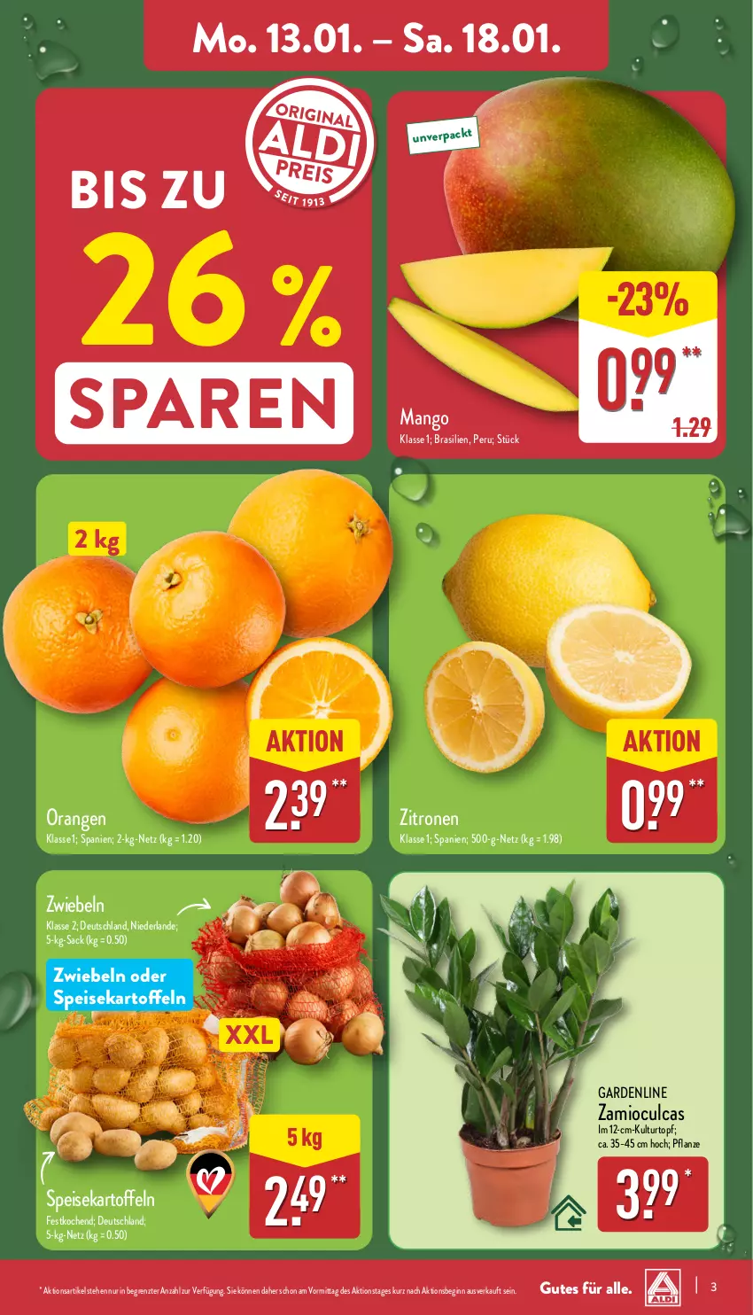 Aktueller Prospekt Aldi Nord - Von Montag - von 13.01 bis 18.01.2025 - strona 3 - produkty: eis, gin, kartoffel, kartoffeln, kulturtopf, mango, orange, orangen, pflanze, sac, speisekartoffeln, Ti, topf, zitrone, zitronen, ZTE, zwiebel, zwiebeln