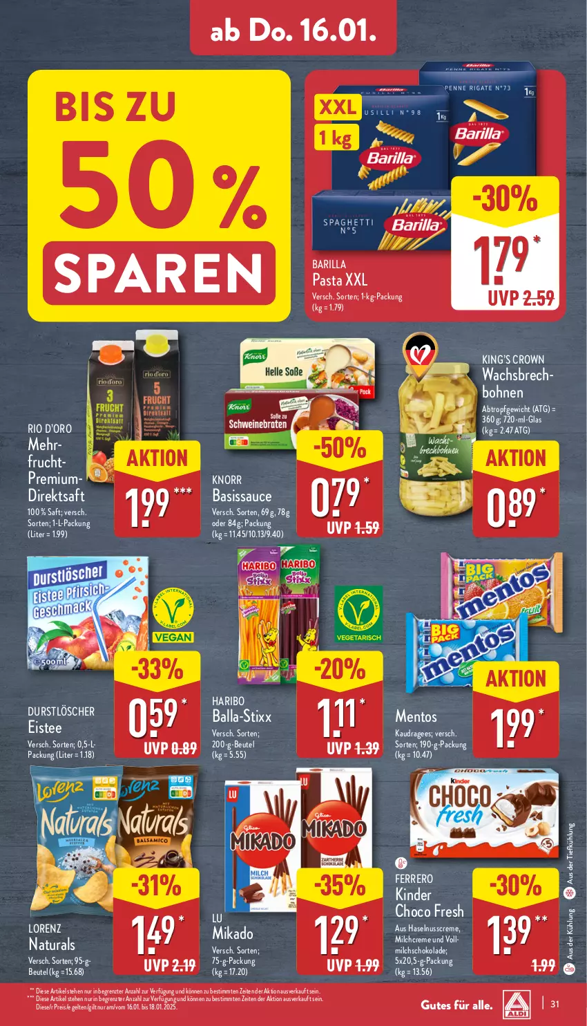 Aktueller Prospekt Aldi Nord - Von Montag - von 13.01 bis 18.01.2025 - strona 31 - produkty: aus der tiefkühlung, ball, barilla, beutel, bohne, bohnen, choco fresh, creme, direktsaft, durstlöscher, eis, eistee, ferrero, frucht, haribo, haselnuss, Haselnusscreme, Kinder, Kinder Choco fresh, knorr, lorenz, mentos, mikado, milch, natur, natura, nuss, pasta, reis, saft, sauce, schoko, schokolade, tee, Ti, vollmilch, ZTE