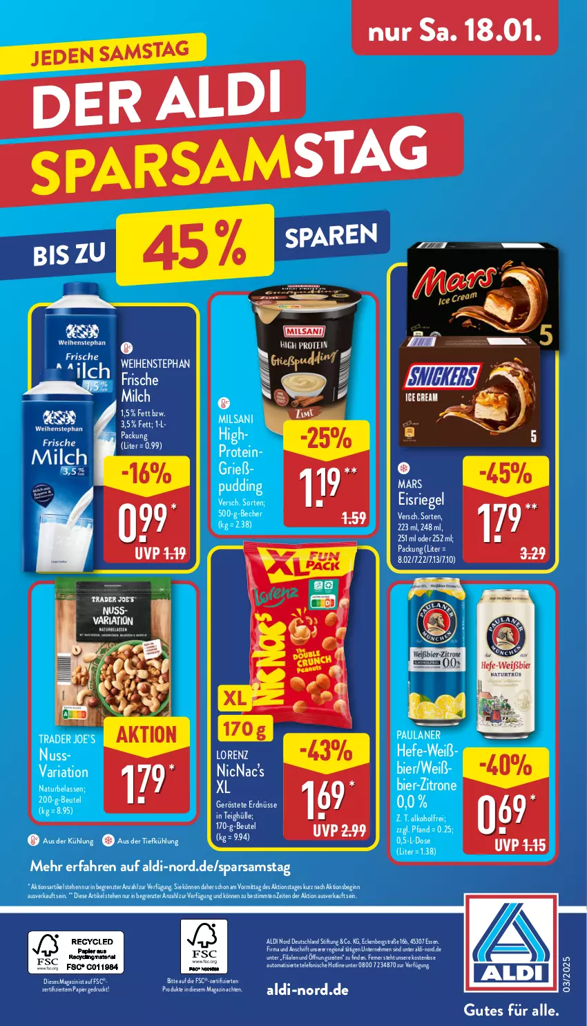 Aktueller Prospekt Aldi Nord - Von Montag - von 13.01 bis 18.01.2025 - strona 36 - produkty: aldi, alkohol, aus der tiefkühlung, auto, Becher, beutel, bier, eis, Eisriegel, erdnüsse, frische milch, gin, Grießpudding, Hefe, HP, lorenz, magazin, mars, milch, natur, nuss, papier, Paula, paulaner, pudding, Ria, riegel, telefon, Ti, weihenstephan, zitrone, ZTE