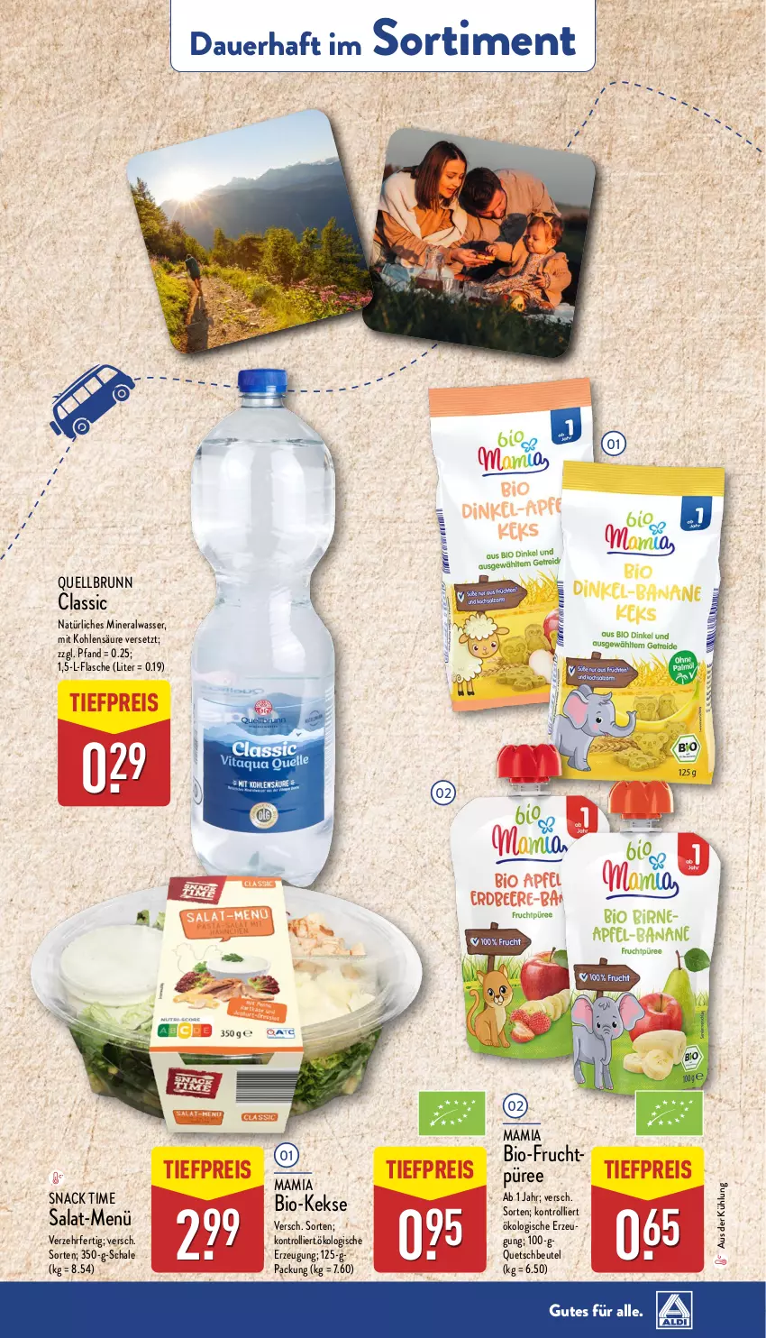 Aktueller Prospekt Aldi Nord - Von Montag - von 13.01 bis 18.01.2025 - strona 38 - produkty: Alwa, auer, beutel, bio, eis, flasche, frucht, keks, kekse, mam, mineralwasser, natürliches mineralwasser, püree, Quellbrunn, quetschbeutel, reis, salat, Schal, Schale, snack, snack time, Ti, tiefpreis, trolli, wasser