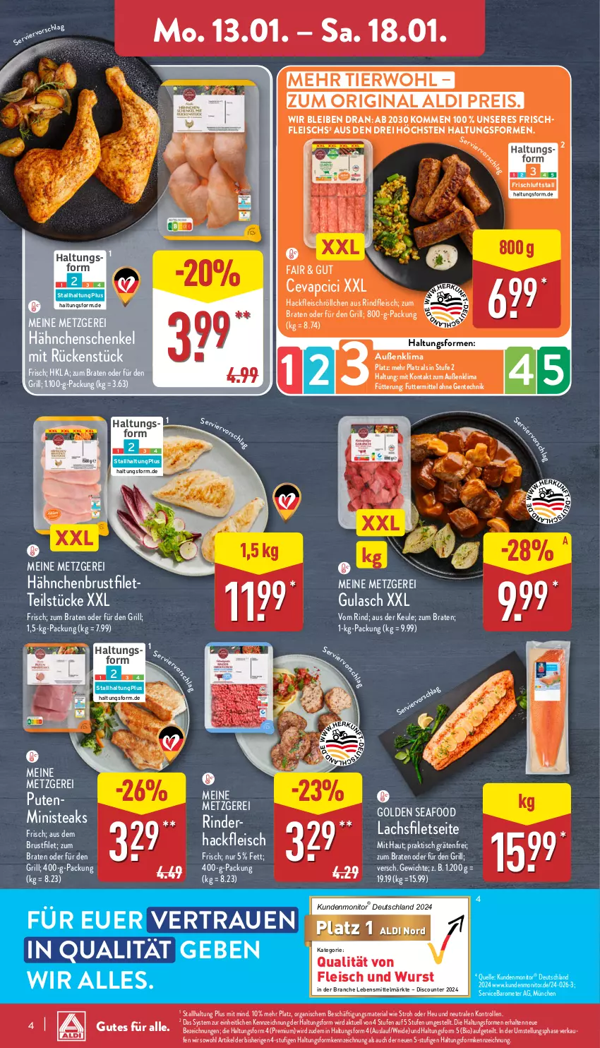 Aktueller Prospekt Aldi Nord - Von Montag - von 13.01 bis 18.01.2025 - strona 4 - produkty: aldi, bio, braten, brustfilet, cevapcici, discount, eis, elle, ente, filet, filets, fleisch, gin, grill, gulasch, hackfleisch, hähnchenbrust, hähnchenbrustfilet, hähnchenschenkel, henkel, Heu, lachs, lachsfilet, lachsfilets, lebensmittel, monitor, pute, reis, Ria, rind, rinder, rinderhackfleisch, rindfleisch, schenkel, steak, steaks, Ti, tisch, wurst