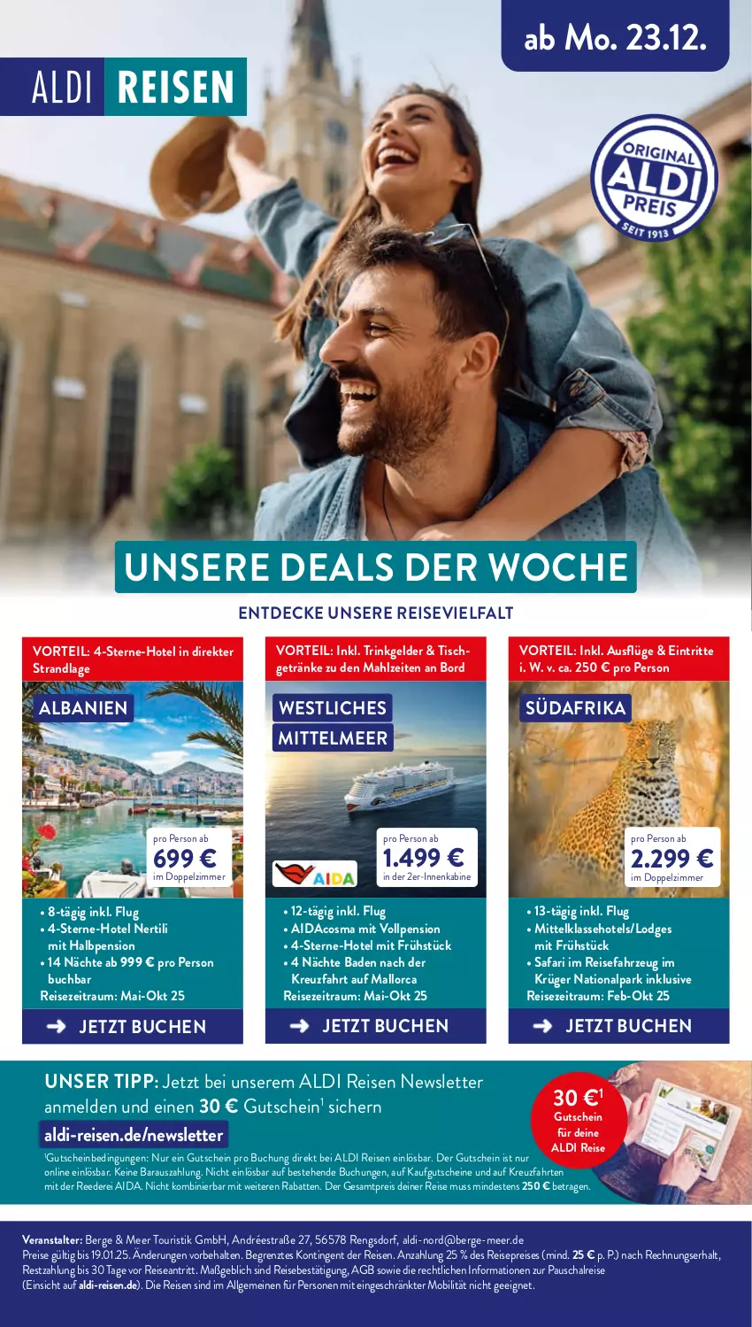 Aktueller Prospekt Aldi Nord - Von Montag - von 13.01 bis 18.01.2025 - strona 42 - produkty: aldi, Bad, buch, decke, eis, getränk, getränke, gutschein, gutscheine, kreuzfahrten, krüger, LG, reis, Schal, Ti, tisch, ZTE