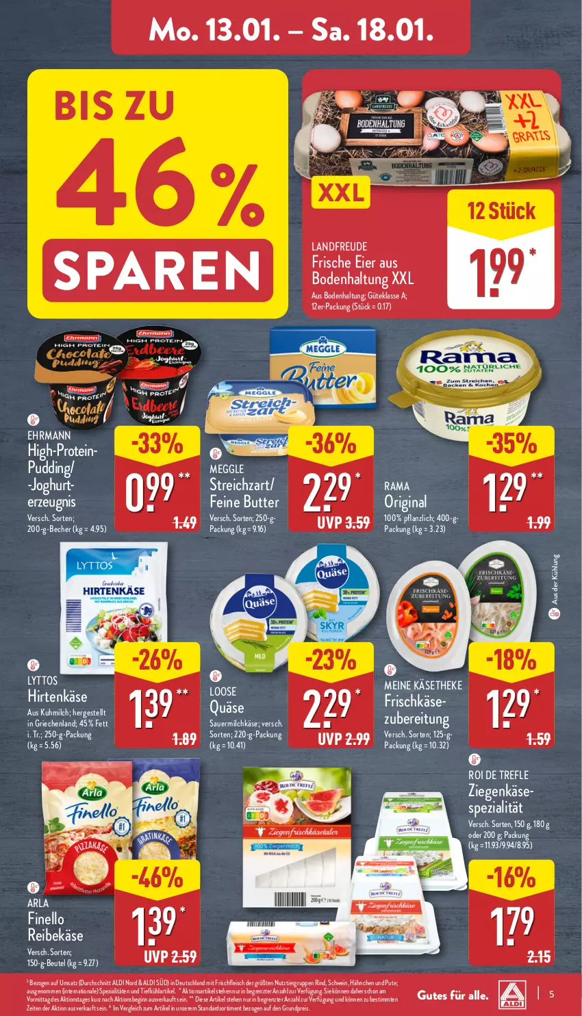 Aktueller Prospekt Aldi Nord - Von Montag - von 13.01 bis 18.01.2025 - strona 5 - produkty: aldi, arla, auer, Becher, beutel, butter, ehrmann, eier, eis, finello, fleisch, frischkäse, frischkäsezubereitung, gin, hirtenkäse, joghur, joghurt, Käse, käsetheke, Loose, meggle, milch, pudding, pute, quäse, rama, Reibekäse, reis, rind, Sauermilchkäse, schwein, Spezi, Streichzart, Ti, wein, ziegenkäse, ZTE