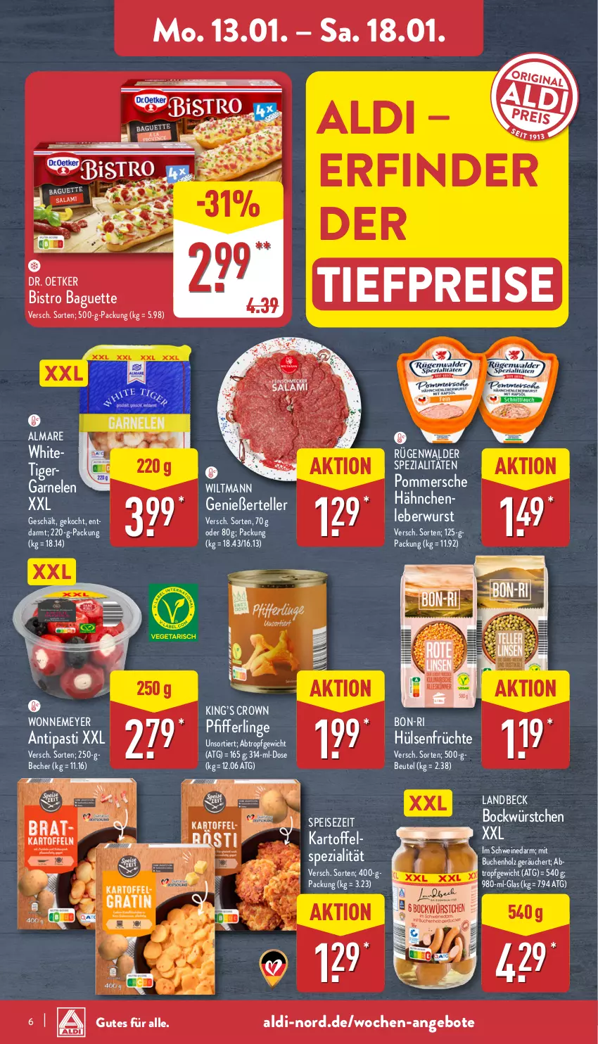 Aktueller Prospekt Aldi Nord - Von Montag - von 13.01 bis 18.01.2025 - strona 6 - produkty: aldi, almare, angebot, angebote, antipasti, asti, baguette, Becher, beutel, Bistro Baguette, buch, Dr. Oetker, eis, elle, früchte, garnelen, Holz, hülsenfrüchte, kartoffel, leberwurst, Pfifferlinge, Pommersche, reis, rügenwalder, schwein, schweine, senf, Spezi, teller, Ti, tiefpreis, wein, weine, wiltmann, wurst, würstchen