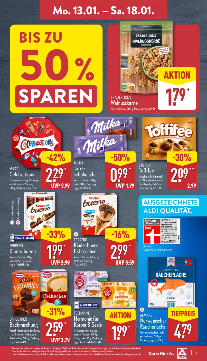 Aktueller Prospekt Aldi Nord - Von Montag - von 13.01 bis 18.01.2025 - strona 7 - produkty: aldi, almare, aus der tiefkühlung, backmischung, brownie, brownies, creme, Dr. Oetker, eis, elle, erde, ferrero, gin, haselnuss, hörnchen, karamell, Käse, käsekuchen, Kinder, kinder bueno, kräuter, kuchen, lachs, mars, milka, natur, Nougatcreme, nuss, pralinen, Räucherlachs, reis, rwe, salz, schoko, schokolade, storck, tafelschokolade, tee, teekanne, teller, Ti, tiefpreis, toffifee, walnuss, walnusskerne, ZTE