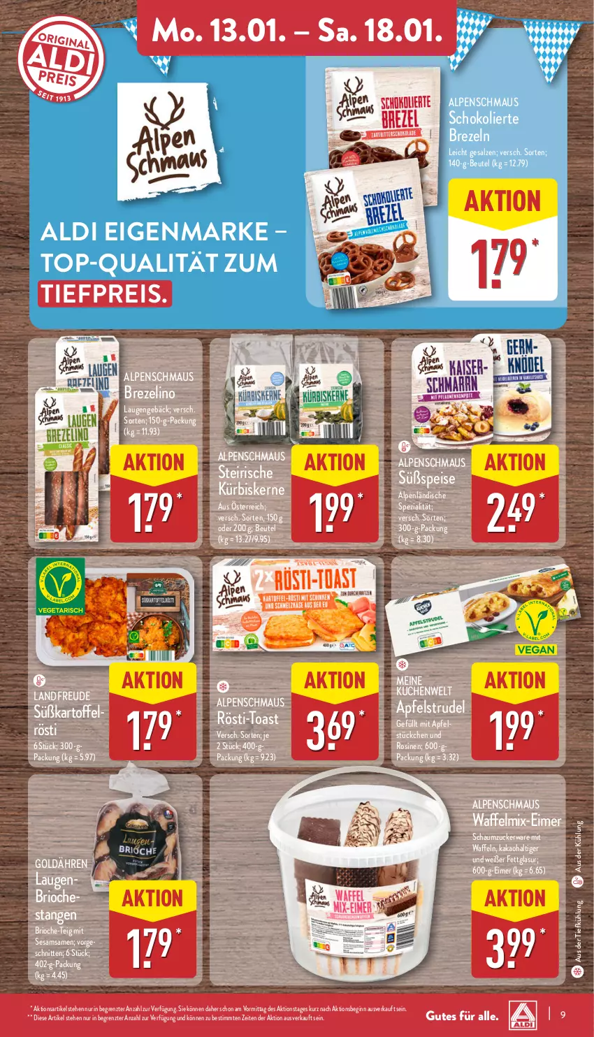 Aktueller Prospekt Aldi Nord - Von Montag - von 13.01 bis 18.01.2025 - strona 9 - produkty: aldi, apfel, Apfelstrudel, aus der tiefkühlung, beutel, brezel, Brezeln, eimer, eis, gin, kakao, kartoffel, kuchen, Kürbis, kürbiskerne, Maus, reis, salz, Schaumzucker, schnitten, schoko, sesam, Spezi, Strudel, Ti, tiefpreis, toast, waffeln, ZTE, zucker