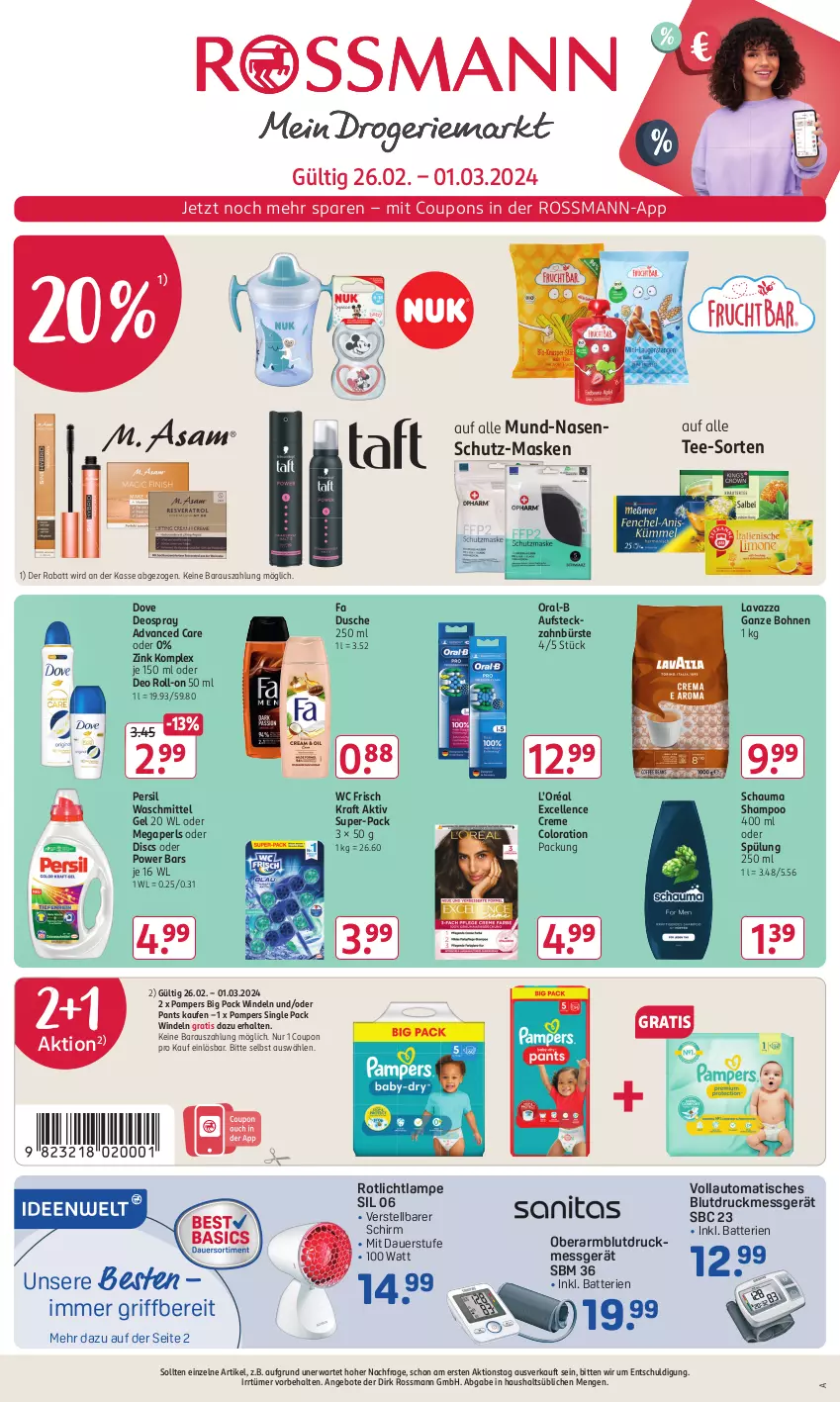 Aktueller Prospekt Rossmann - Prospekte - von 26.02 bis 01.03.2024 - strona 1 - produkty: angebot, angebote, auer, auto, batterie, batterien, Blutdruckmessgerät, bohne, bohnen, bürste, coupon, coupons, creme, deo, deo roll-on, deospray, dove, dusche, elle, kraft, Lampe, lavazza, lavazza ganze bohne, Maske, megaperls, oder deo roll-on, oral-b, pampers, Pants, persil, persil waschmittel, roll-on, schauma, schauma shampoo, shampoo, spülung, tee, Ti, tisch, waschmittel, wc frisch, WC Frisch Kraft Aktiv, windeln, zahnbürste