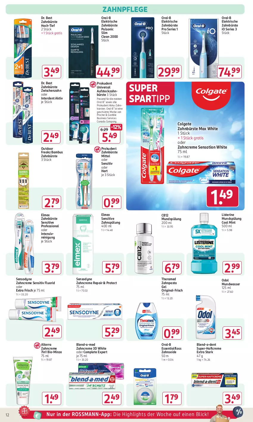 Aktueller Prospekt Rossmann - Prospekte - von 26.02 bis 01.03.2024 - strona 12 - produkty: akku, alterra, bambus, bio, blend-a-med, bürste, bürsten, colgate, creme, Dr. Best, eis, elektrische zahnbürste, elmex, erde, Essentialfloss, gin, Haftcreme, LG, listerine, Max White, mint, minze, mundspülung, mundwasser, Odol, oral-b, pasta, Prokudent, Reinigung, sensodyne, spartipp, spülung, spülung 200 ml, theramed, Ti, wasser, zahnbürste, zahnbürsten, zahncreme, zahnpasta, Zahnseide, ZTE