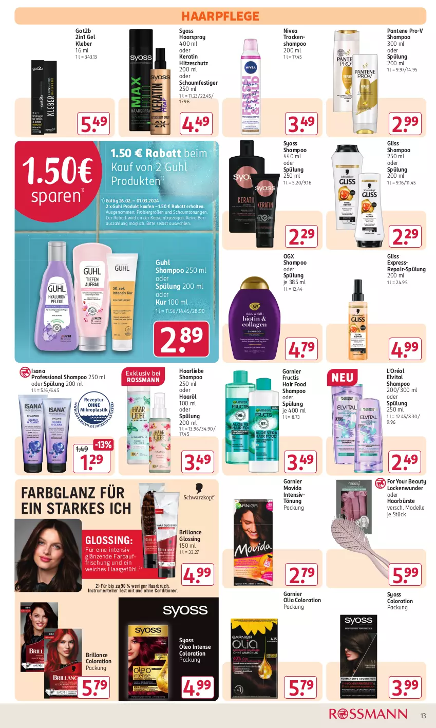 Aktueller Prospekt Rossmann - Prospekte - von 26.02 bis 01.03.2024 - strona 13 - produkty: Bau, bier, brillance, bürste, dell, elle, elvital, ente, For Your Beauty, fructis, garnier, gliss, got2b, Guhl, haarpflege, haarspray, Intensivtönung, isana, kleber, Mode, nivea, oder schaumfestiger, pantene, pantene pro-v, pro-v, rum, sana, schaumfestiger, shampoo, shampoo 250 ml, shampoo oder spülung, spülung, spülung 200 ml, syoss, teller, Ti, Trockenshampoo, vita, Yo