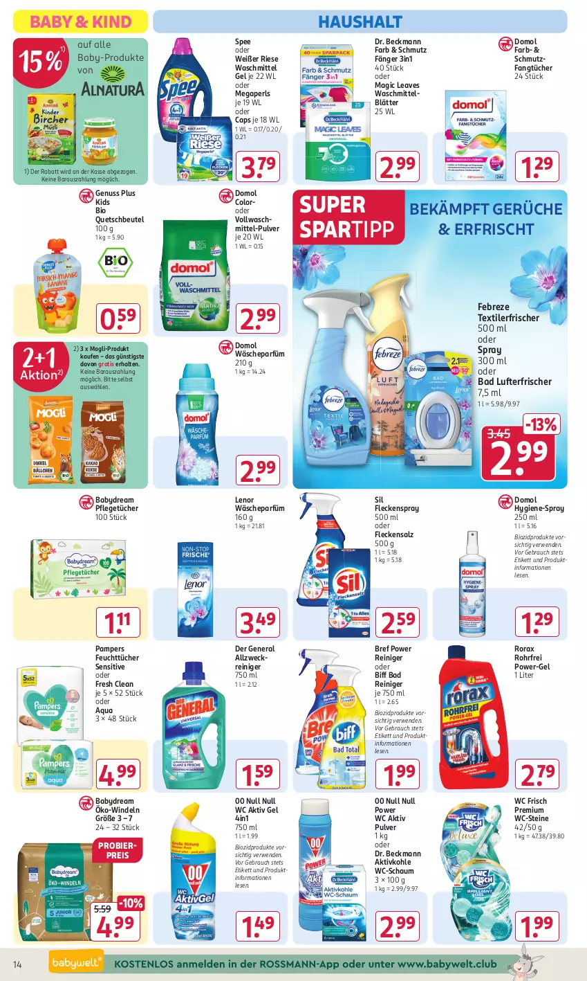 Aktueller Prospekt Rossmann - Prospekte - von 26.02 bis 01.03.2024 - strona 14 - produkty: aktiv gel, allzweckreiniger, aqua, babydream, Bad, beutel, bier, biff, bio, biozidprodukte, Bref, bref power, Cap, Domol, Dr. Beckmann, eis, Fangtücher, febreze, feuchttücher, lenor, lufterfrischer, megaperls, nuss, pampers, power-gel, quetschbeutel, Rauch, reiniger, reis, rorax, rwe, salz, spartipp, spee, Textilerfrischer, Ti, tücher, vollwaschmittel, wäscheparfüm, waschmittel, wc frisch, WC-Steine, weck, windeln