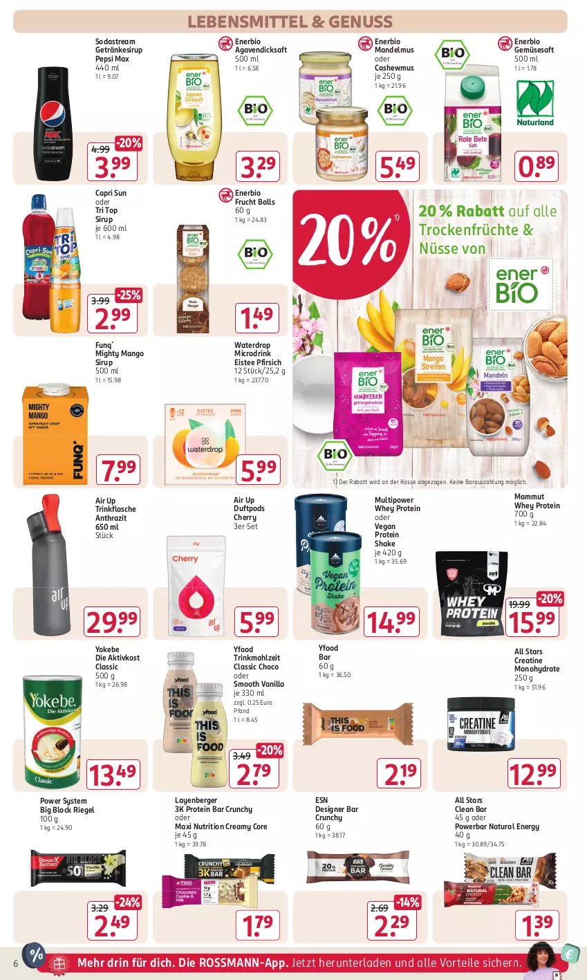 Aktueller Prospekt Rossmann - Prospekte - von 26.02 bis 01.03.2024 - strona 6 - produkty: agaven, ball, Berger, bio, bio gemüse, Cap, Cashew, dicksaft, drink, eis, eistee, flasche, frucht, früchte, getränk, getränke, getränkesirup, lebensmittel, mam, mandel, Mandelmus, mango, natur, natura, nuss, pepsi, pfirsich, Pods, riegel, saft, shake, sirup, Soda, sodastream, tee, Ti, trinkflasche, Trockenfrüchte, Yo, Yokebe