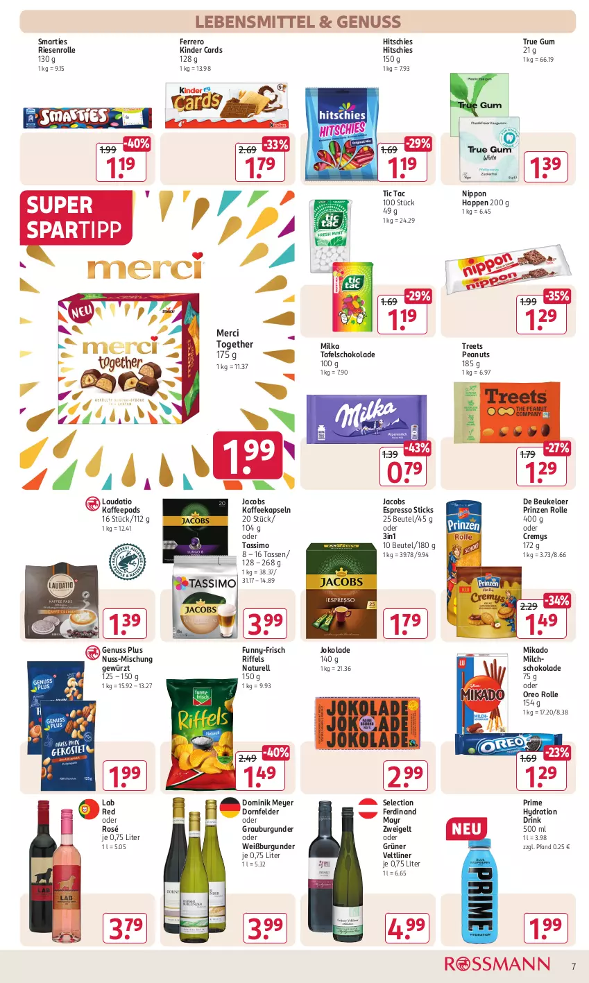 Aktueller Prospekt Rossmann - Prospekte - von 26.02 bis 01.03.2024 - strona 7 - produkty: beutel, burgunder, cremys, de beukelaer, dornfelder, drink, espresso, ferrero, funny-frisch, gewürz, grauburgunder, grüner veltliner, jacobs, kaffee, kaffeekapseln, kaffeepads, Kinder, lebensmittel, merci, mikado, milch, milka, natur, nippon, nuss, oreo, prinzen rolle, rel, schoko, schokolade, sim, smarties, spartipp, tafelschokolade, tasse, tassimo, Ti, Weißburgunder, Zweigelt