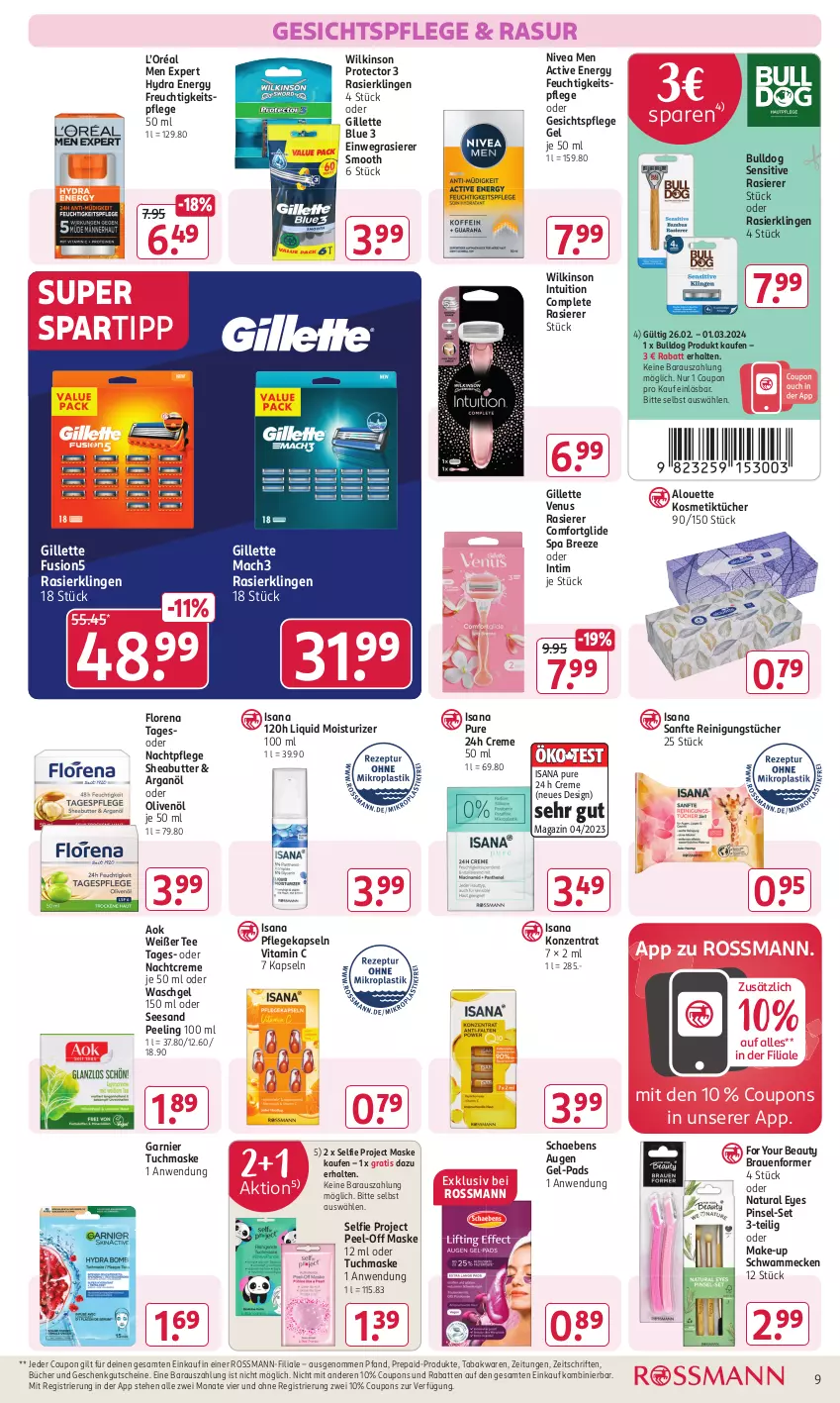 Aktueller Prospekt Rossmann - Prospekte - von 26.02 bis 01.03.2024 - strona 9 - produkty: alouette, bree, Bulldog, butter, coupon, coupons, creme, einwegrasierer, feuchtigkeitspflege, For Your Beauty, fusion5, garnier, gesichtspflege, gillette, gillette venus, gutschein, gutscheine, isana, kosmetik, Kosmetiktücher, mac, mach3, magazin, Make-up, Maske, nachtcreme, nachtpflege, natur, natura, nivea, Nivea Men, olive, oliven, olivenöl, Peeling, Pinsel, rasierer, Rasierklinge, rasierklingen, Reinigung, reinigungstücher, sana, Schaebens, schwamm, Sheabutter, spartipp, tee, Ti, tuc, tücher, tuchmaske, venus, vita, Vitamin C, waschgel, wilkinson, Yo