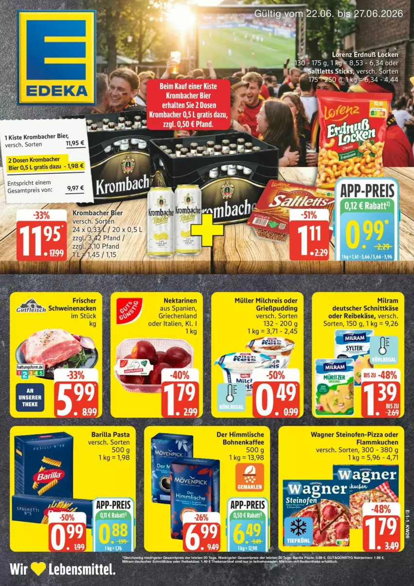 Aktueller Prospekt Edeka - Prospekte - von 22.06 bis 27.06.2026 - strona 1 - produkty: bier, eis, krombache, krombacher, reis, saltletts