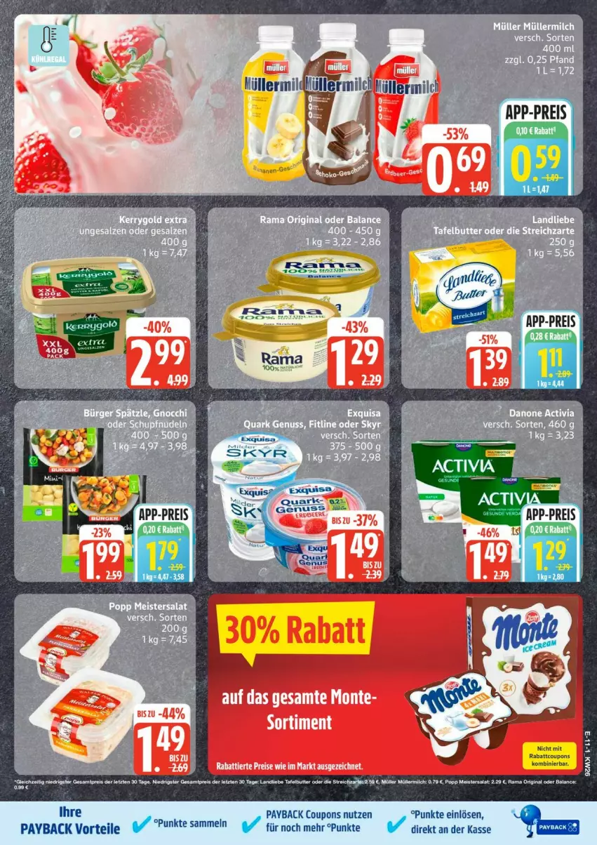 Aktueller Prospekt Edeka - Prospekte - von 22.06 bis 27.06.2026 - strona 13 - produkty: Bad, butter, coupon, coupons, eis, exquisa, landliebe, monte, payback, reis, Skyr, Ti, ZTE
