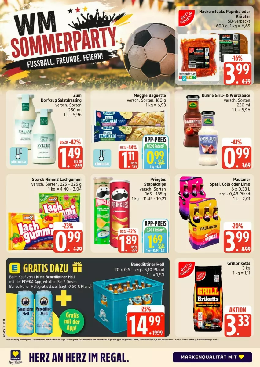 Aktueller Prospekt Edeka - Prospekte - von 22.06 bis 27.06.2026 - strona 2 - produkty: baguette, Benediktiner, briketts, chips, cola, deka, dressing, eis, grill, grillbriketts, kräuter, Kühne, lachgummi, limo, meggle, Nackensteak, nackensteaks, nimm2, oder kräuter, paprika, Paula, paulaner, pringles, regal, reis, ring, salat, salatdressing, salate, sauce, Spezi, steak, steaks, storck, Ti, würzsauce, Zum Dorfkrug