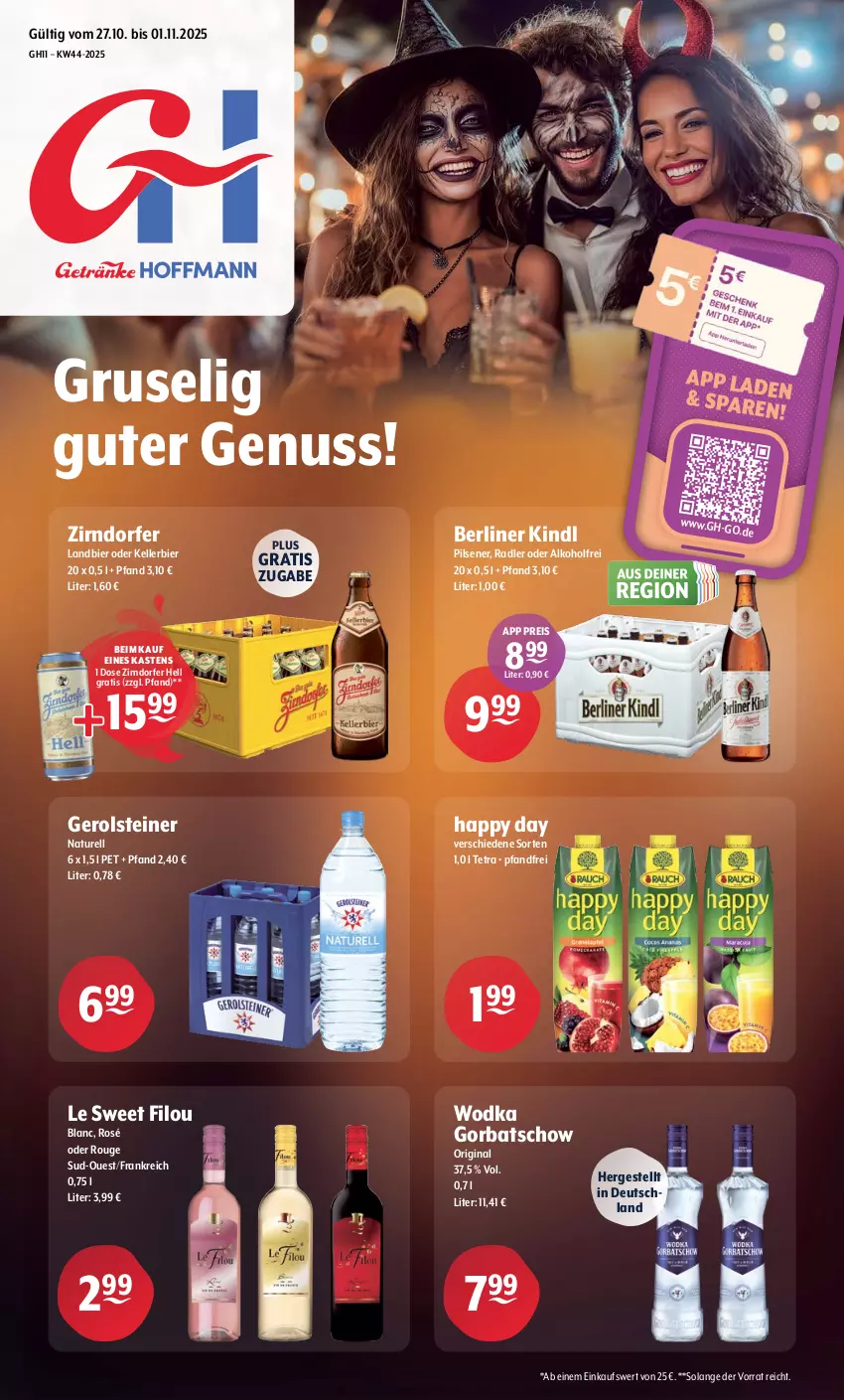Aktueller Prospekt Getraenke Hoffmann - Prospekte - von 27.10 bis 01.11.2025 - strona 1 - produkty: alkohol, berliner, berliner kindl, bier, eis, elle, gerolsteine, gerolsteiner, gin, Gorbatschow, Happy Day, kellerbier, natur, nuss, pils, pilsener, radler, reis, rel, rouge, steiner, Ti, wodka