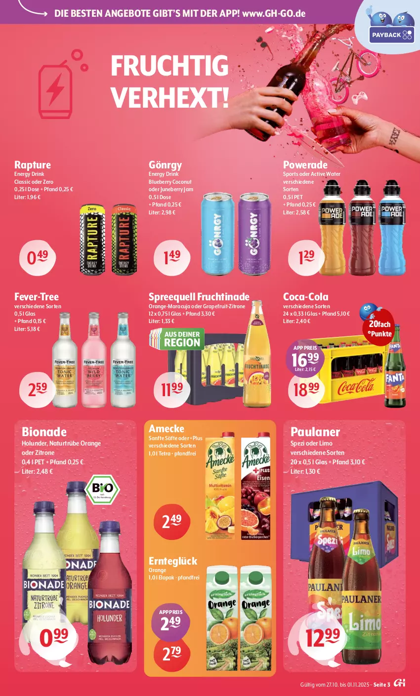Aktueller Prospekt Getraenke Hoffmann - Prospekte - von 27.10 bis 01.11.2025 - strona 3 - produkty: amecke, angebot, angebote, bio, bionade, blueberry, coca-cola, coconut, cola, drink, eis, energy drink, fever-tree, frucht, grapefruit, holunder, limo, maracuja, natur, orange, Paula, paulaner, reis, säfte, Spezi, Sport, Spreequell, Ti, zitrone