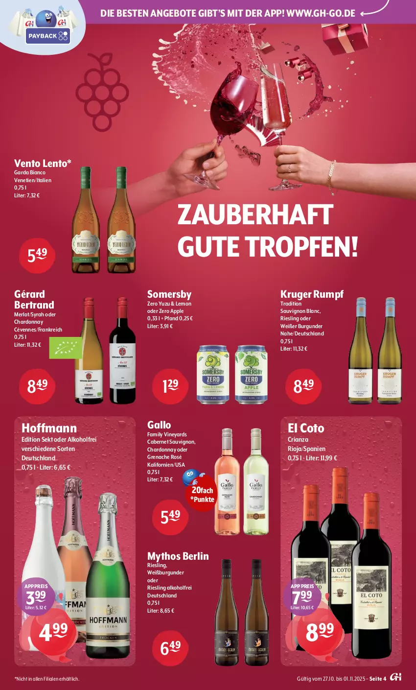 Aktueller Prospekt Getraenke Hoffmann - Prospekte - von 27.10 bis 01.11.2025 - strona 4 - produkty: alkohol, angebot, angebote, Apple, burgunder, cabernet, cabernet sauvignon, chardonnay, eis, gallo, gallo family, merl, merlot, Mythos, reis, Ria, riesling, rioja, rum, sauvignon, sauvignon blanc, sekt, somersby, Ti, Weißburgunder