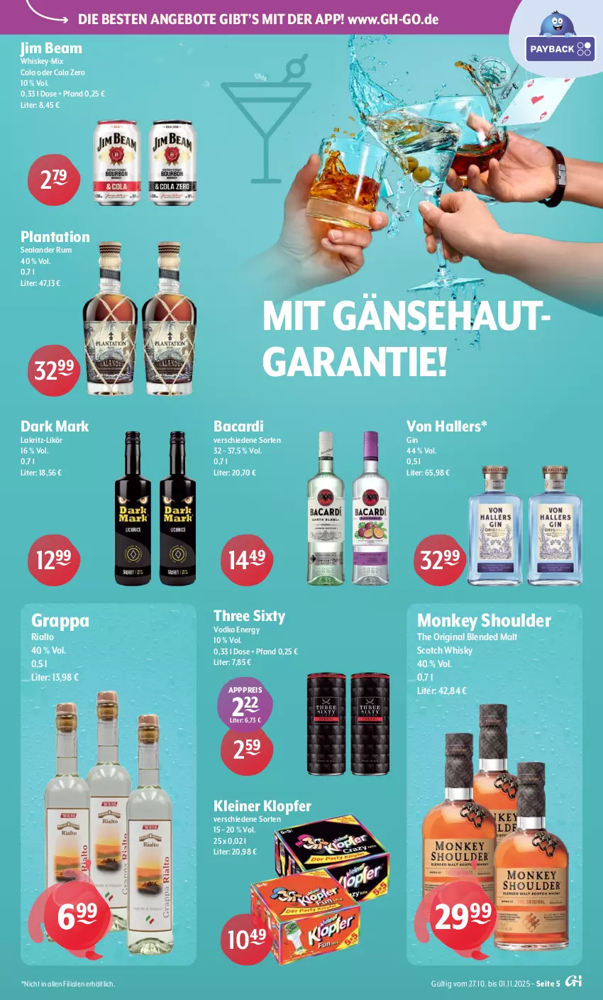 Aktueller Prospekt Getraenke Hoffmann - Prospekte - von 27.10 bis 01.11.2025 - strona 5 - produkty: angebot, angebote, bacardi, cola, eis, gin, grappa, jim beam, kleiner klopfer, Lakritz, leine, likör, reis, Ria, rum, scotch, scotch whisky, Three Sixty, Ti, vodka, whiskey, whisky