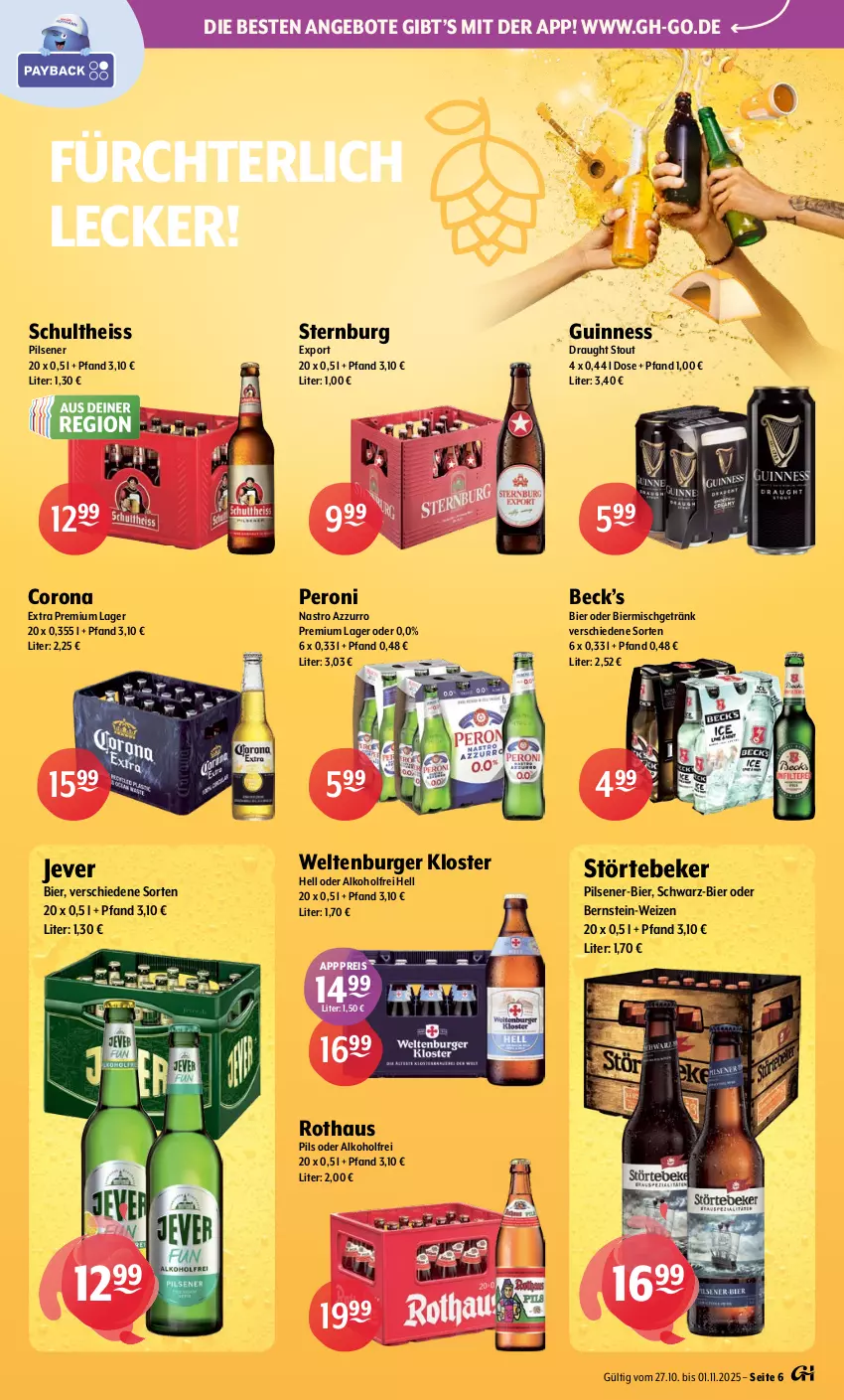 Aktueller Prospekt Getraenke Hoffmann - Prospekte - von 27.10 bis 01.11.2025 - strona 6 - produkty: alkohol, angebot, angebote, bier, burger, corona, corona extra, eis, getränk, Guinness, jever, Peroni, pils, pilsener, reis, Schultheiss, Sternburg, störtebeker, Ti