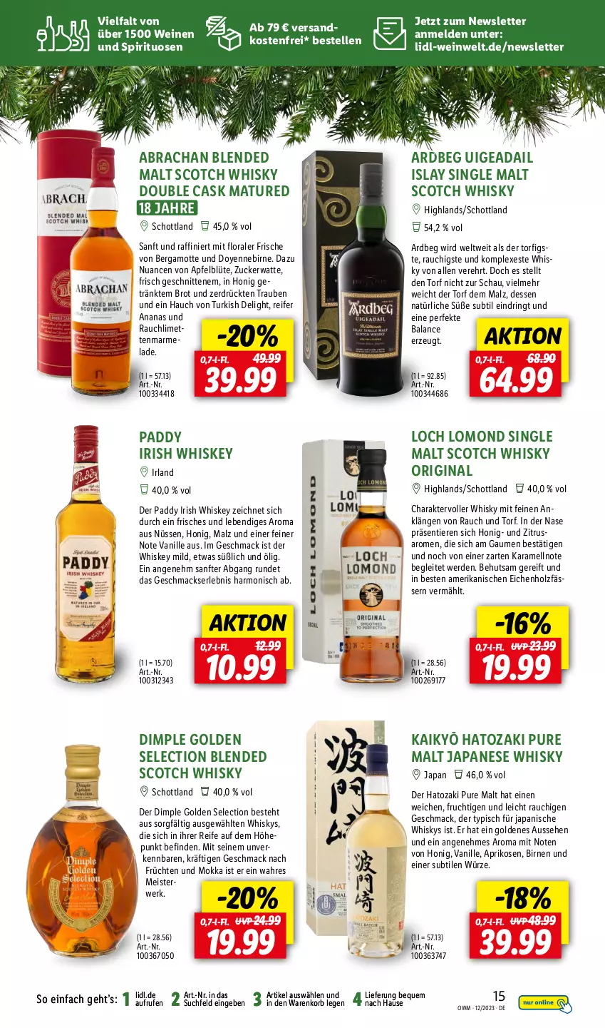 Aktueller Prospekt Lidl - Highlights in der Weinwelt - von 01.12 bis 31.12.2023 - strona 15 - produkty: ananas, apfel, aprikose, aprikosen, Ardbeg, Bergamotte, Birnen, blended scotch, blended scotch whisky, Blüte, brot, eis, elle, erde, frucht, früchte, früchten, getränk, gin, Holz, honig, irish whiskey, islay single malt, karamell, korb, limette, limetten, mac, malz, marmelade, Meister, Mett, metten, ndk, Nuance, Rauch, ring, rwe, saro, schnitten, schott, scotch, scotch whisky, single malt, spirituosen, Ti, Tiere, trauben, vanille, versandkostenfrei, wein, weine, whiskey, whisky, zucker