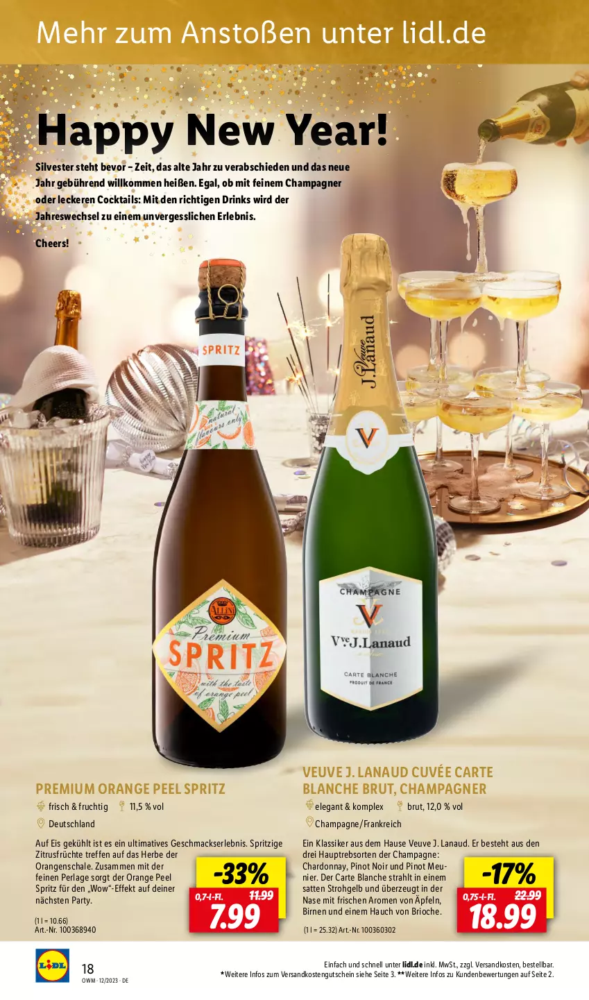 Aktueller Prospekt Lidl - Highlights in der Weinwelt - von 01.12 bis 31.12.2023 - strona 18 - produkty: Birnen, brut, champagne, champagner, chardonnay, cocktail, cocktails, cuvée, drink, drinks, eis, frucht, früchte, gutschein, mac, ndk, orange, orangen, perla, Pinot, Pinot Meunier, pinot noir, Schal, Schale, Ti