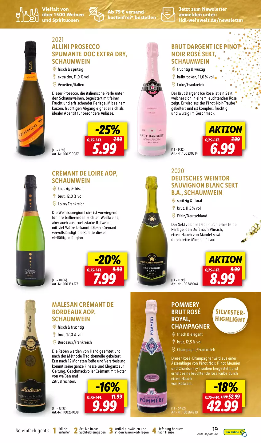 Aktueller Prospekt Lidl - Highlights in der Weinwelt - von 01.12 bis 31.12.2023 - strona 19 - produkty: aperitif, Bau, brut, brut dargent, champagne, champagner, chardonnay, crémant de loire, ecco, eis, elle, erde, finesse, frucht, früchte, früchten, korb, Leuchte, leuchten, mac, mandel, ndk, Palette, perla, pfirsich, Pinot, Pinot Meunier, pinot noir, prosecco, puma, rotwein, sauvignon, sauvignon blanc, sekt, spirituosen, spumante, Ti, trauben, versandkostenfrei, wein, weine, Weißwein