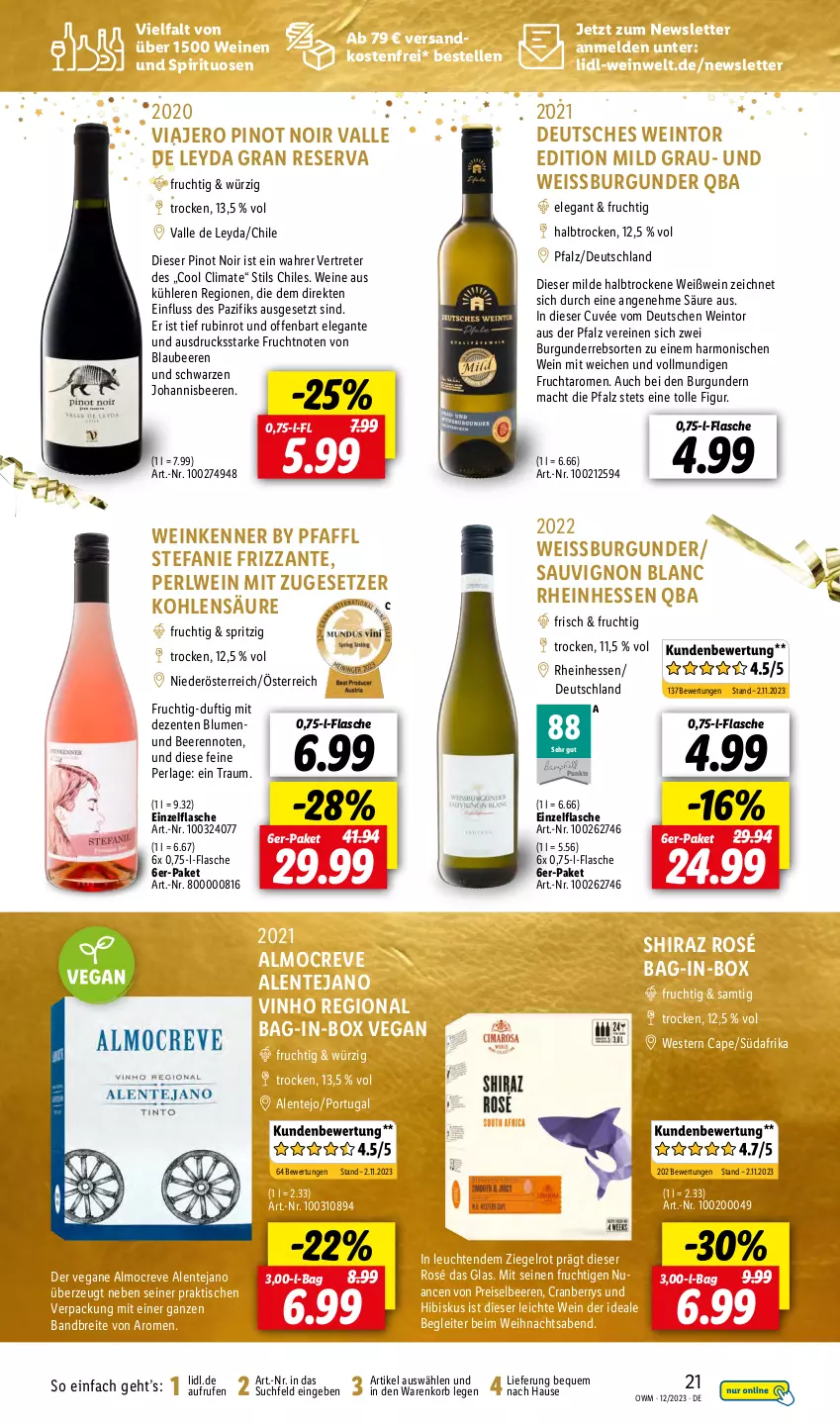 Aktueller Prospekt Lidl - Highlights in der Weinwelt - von 01.12 bis 31.12.2023 - strona 21 - produkty: bag-in-box, beere, beeren, Blaubeer, blaubeere, blume, blumen, Brei, burgunder, Cap, cranberry, cuvée, eis, elle, ente, flasche, frizzante, frucht, johannisbeere, Johannisbeeren, korb, Leuchte, leuchten, mac, ndk, Nuance, perla, Pinot, pinot noir, reis, Rubin, sauvignon, sauvignon blanc, spirituosen, Ti, tisch, versandkostenfrei, wein, weine, Weißwein, Weste