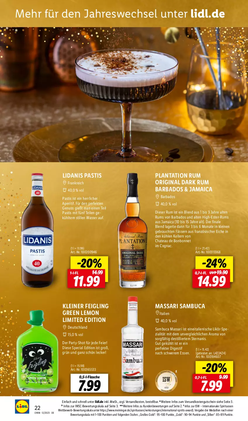 Aktueller Prospekt Lidl - Highlights in der Weinwelt - von 01.12 bis 31.12.2023 - strona 22 - produkty: aperitif, asti, Bad, chateau, Cognac, eier, elle, flasche, gin, gutschein, kleiner feigling, leine, LG, likör, ndk, nuss, Rauch, rum, sambuca, Spezi, spirituosen, Ti, wasser