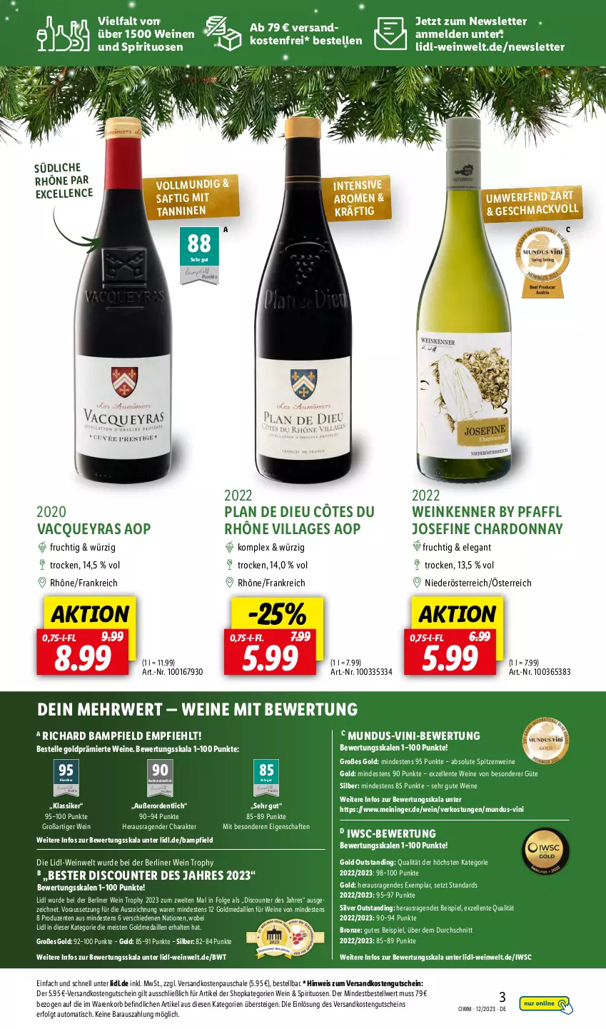 Aktueller Prospekt Lidl - Highlights in der Weinwelt - von 01.12 bis 31.12.2023 - strona 3 - produkty: auto, berliner, chardonnay, discount, eis, elle, ente, frucht, gutschein, korb, LG, mac, ndk, rwe, saft, Schal, Schale, spirituosen, Ti, tisch, versandkostenfrei, wein, weine