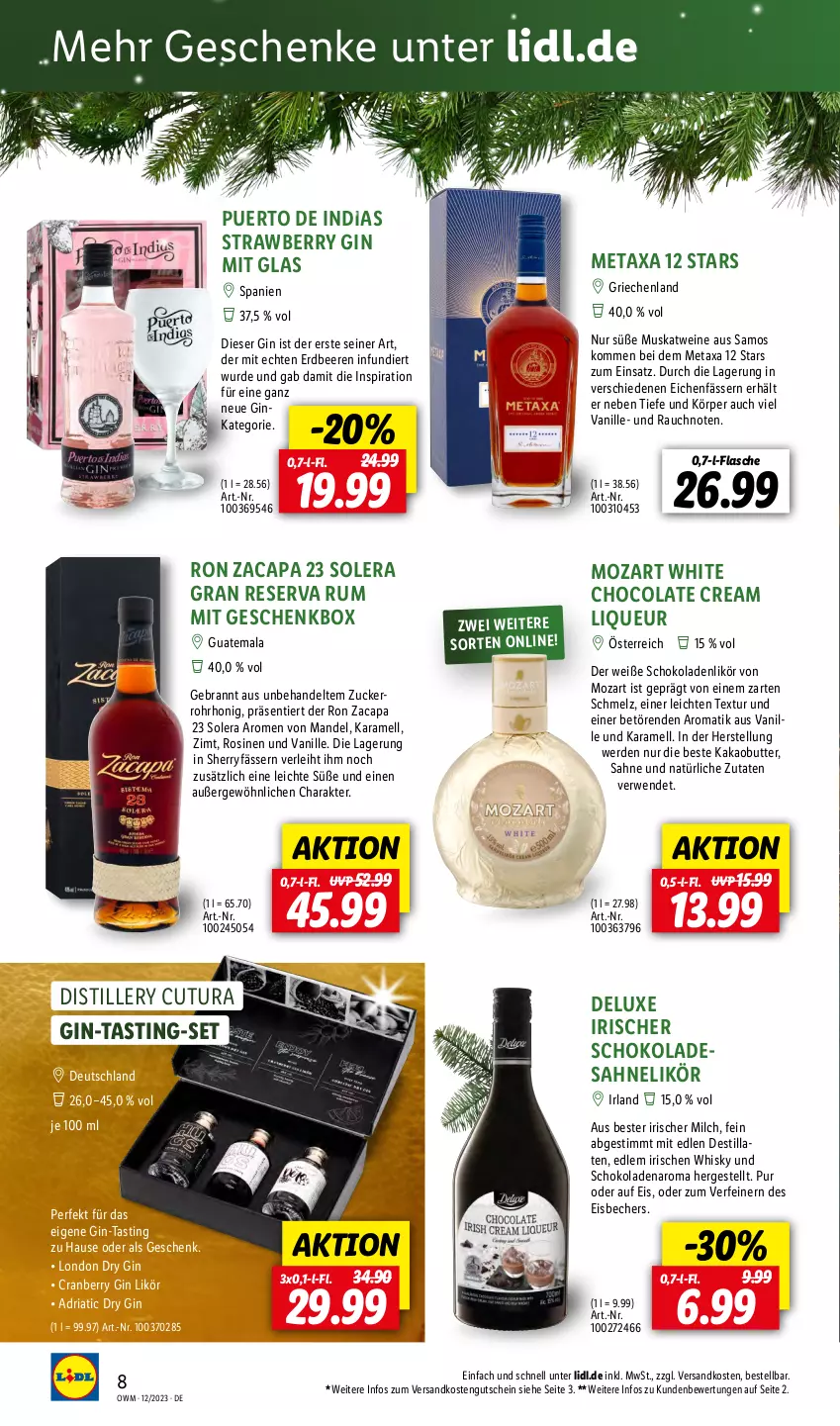 Aktueller Prospekt Lidl - Highlights in der Weinwelt - von 01.12 bis 31.12.2023 - strona 8 - produkty: asti, Becher, beere, beeren, butter, Cap, cola, cranberry, dry gin, eis, eisbecher, erdbeere, erdbeeren, erde, flasche, Geschenkbox, gin, gutschein, honig, kakao, Kakaobutter, karamell, likör, liqueur, london dry, london dry gin, mandel, Metaxa, milch, ndk, Rauch, Ria, rum, rwe, sahne, schoko, schokolade, schokoladen, Ti, vanille, wein, weine, Weiße Schokolade, whisky, white chocolate, zucker