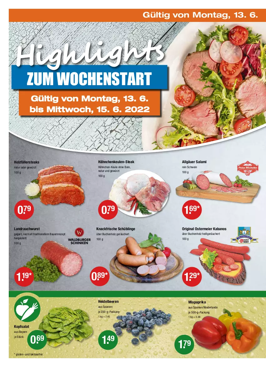 Aktueller Prospekt Vmarkt - V-Markt - von 09.06 bis 15.06.2022 - strona 18 - produkty: auer, Bau, Bauer, beere, beeren, Beeren Mix, buch, eier, elle, gewürz, gin, heidelbeere, heidelbeeren, Holz, holzfällersteaks, kabanos, kopfsalat, LG, natur, paprika, Rauch, rezept, salami, salat, schwein, steak, steaks, Ti, wein, wurst