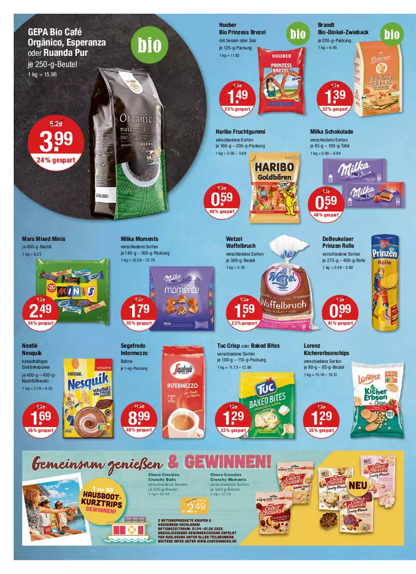 Aktueller Prospekt Vmarkt - V-Markt - von 09.06 bis 15.06.2022 - strona 8 - produkty: ball, beutel, bio, bites, bohne, brandt, brezel, chips, choco crossies, crossies, debeukelaer, erbsen, frucht, fruchtgummi, getränk, getränke, getränkepulver, haribo, huober, intermezzo, kakao, kichererbsen, lorenz, mars, milka, milka schokolade, nesquik, nestlé, prinzen rolle, salz, schoko, schokolade, Segafredo, sesam, Ti, tuc, Waffelbruch