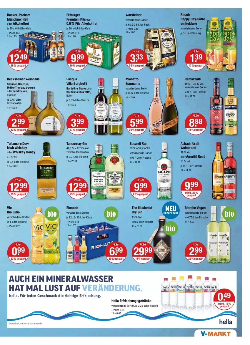 Aktueller Prospekt Vmarkt - V-Markt - von 09.06 bis 15.06.2022 - strona 9 - produkty: ACC, alkohol, Alwa, aperitif, asbach uralt, bacardi, bacardi rum, becks, becksteiner, beutel, bio, bio limo, bionade, bitburger, brunnen, burger, chia, dry gin, erfrischungsgetränk, erfrischungsgetränke, flasche, getränk, getränke, gin, Happy Day, happy day-säfte, hella, irish whiskey, je 1-liter-flasche, limo, mac, mineralwasser, mionetto, Müller, Nektar, pils, premium pils, puma, rama, ramazzott, ramazzotti, Rauch, rum, säfte, silvaner, spumante, steiner, Tanqueray, Ti, tullamore, tullamore dew, vio bio limo, warsteiner, wasser, wein, weinbrand, whiskey, zott