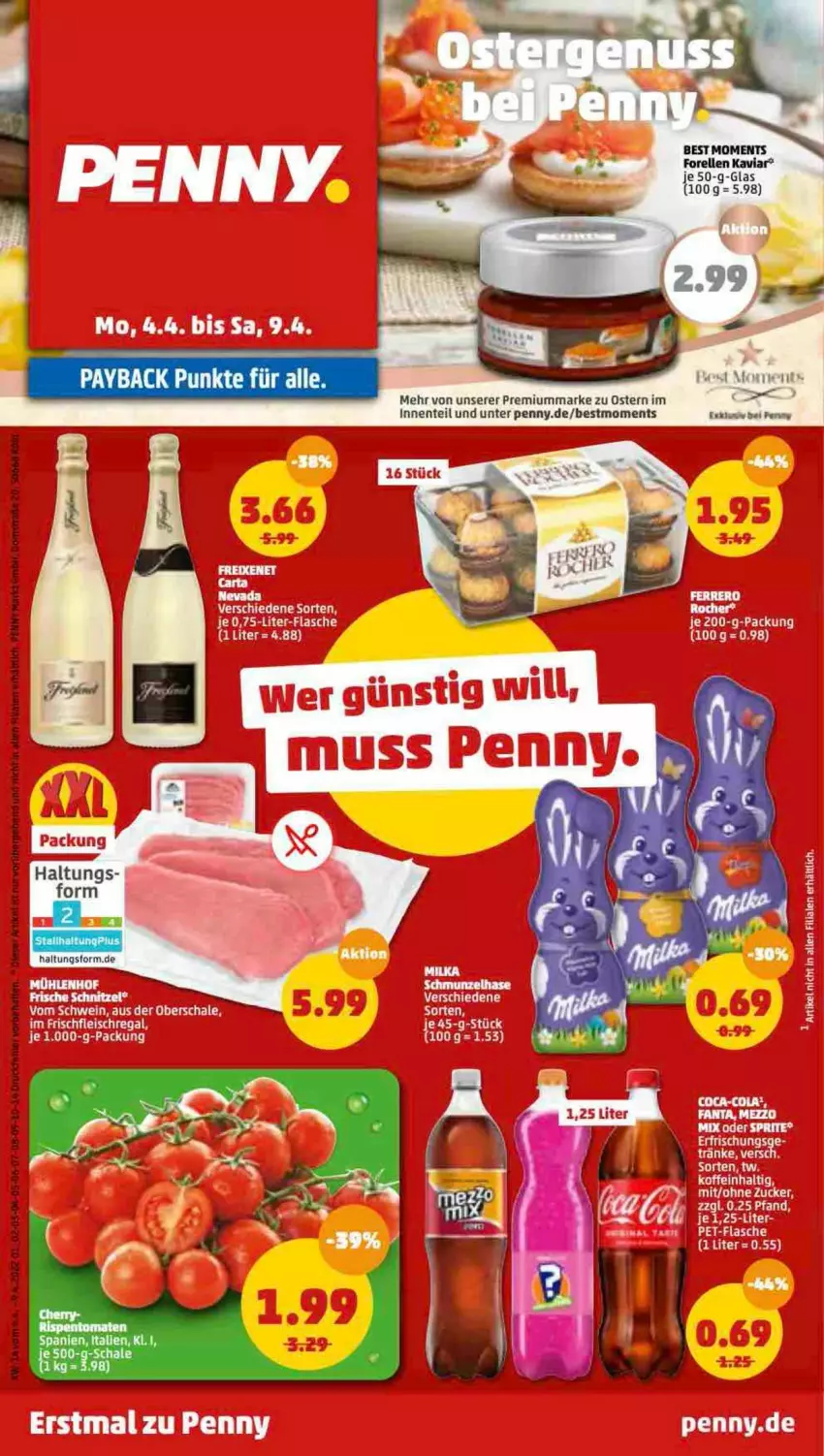 Aktueller Prospekt Penny - Prospekte - von 04.04 bis 09.04.2022 - strona 1 - produkty: eis, elle, ente, flasche, fleisch, forelle, regal, rel, Schal, Schale, Ti, wein