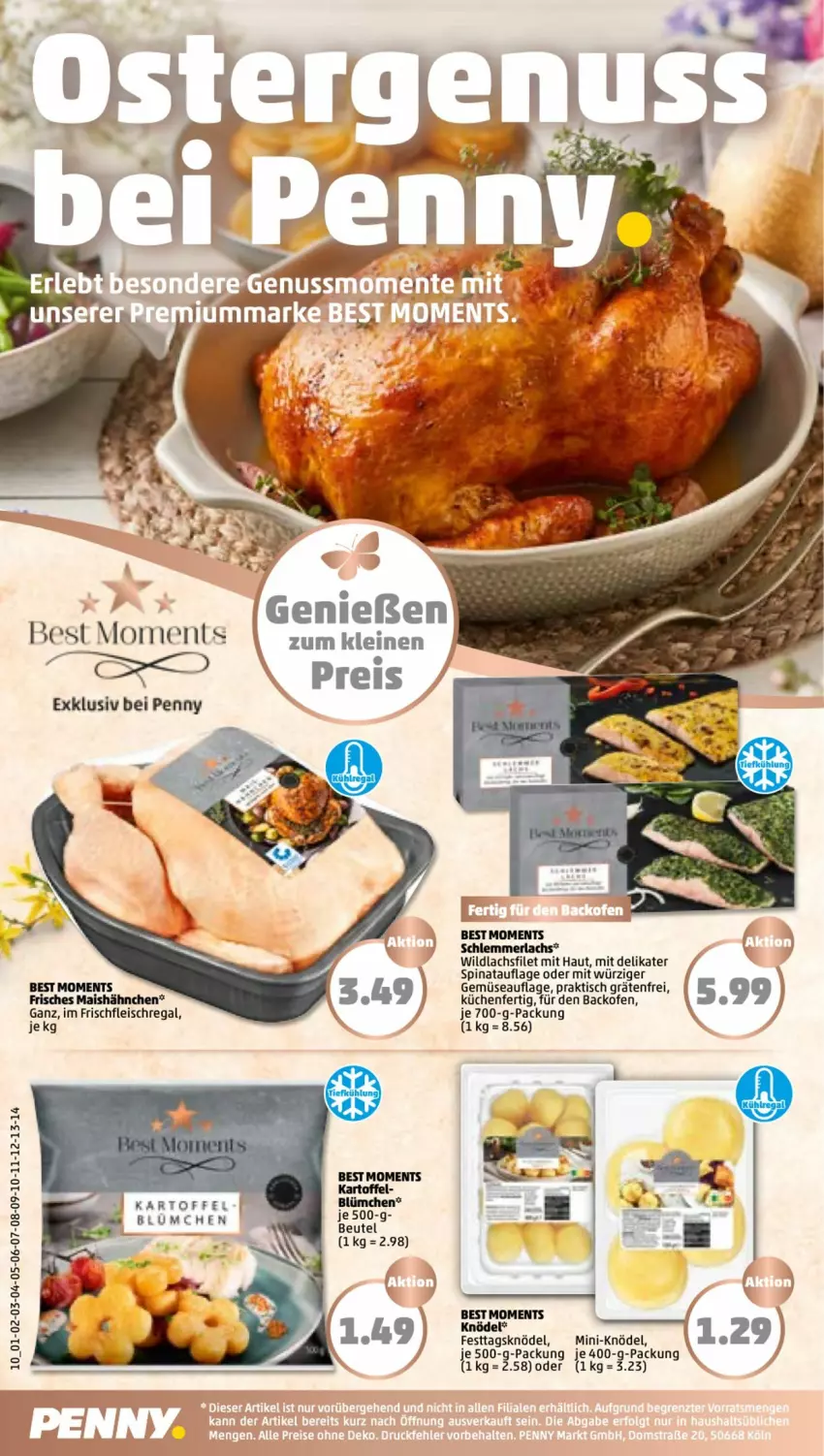 Aktueller Prospekt Penny - Prospekte - von 04.04 bis 09.04.2022 - strona 10 - produkty: backofen, beutel, eis, filet, fleisch, kartoffel, Knödel, küche, Küchen, lachs, lachsfilet, leine, mais, Ofen, regal, spinat, Ti, tisch, Wild, wildlachs