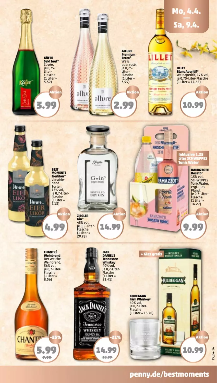 Aktueller Prospekt Penny - Prospekte - von 04.04 bis 09.04.2022 - strona 15 - produkty: aperitif, bier, brut, ecco, flasche, gin, irish whiskey, jack daniel, jack daniels, käfer, kilbeggan, likör, lillet, schweppes, sekt, tee, tennessee whiskey, Ti, tonic, tonic water, wein, weinbrand, whiskey