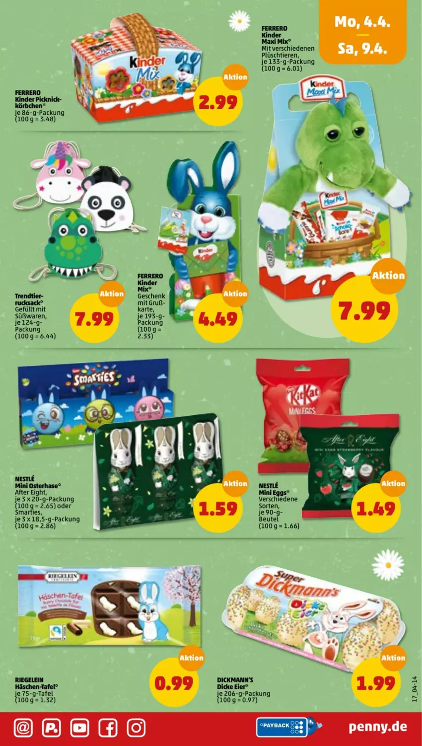 Aktueller Prospekt Penny - Prospekte - von 04.04 bis 09.04.2022 - strona 17 - produkty: after eight, beutel, ferrero, Kinder, Kinder Maxi, Körbchen, Plüsch, riegel, rucksack, sac, smarties, Ti, Tiere