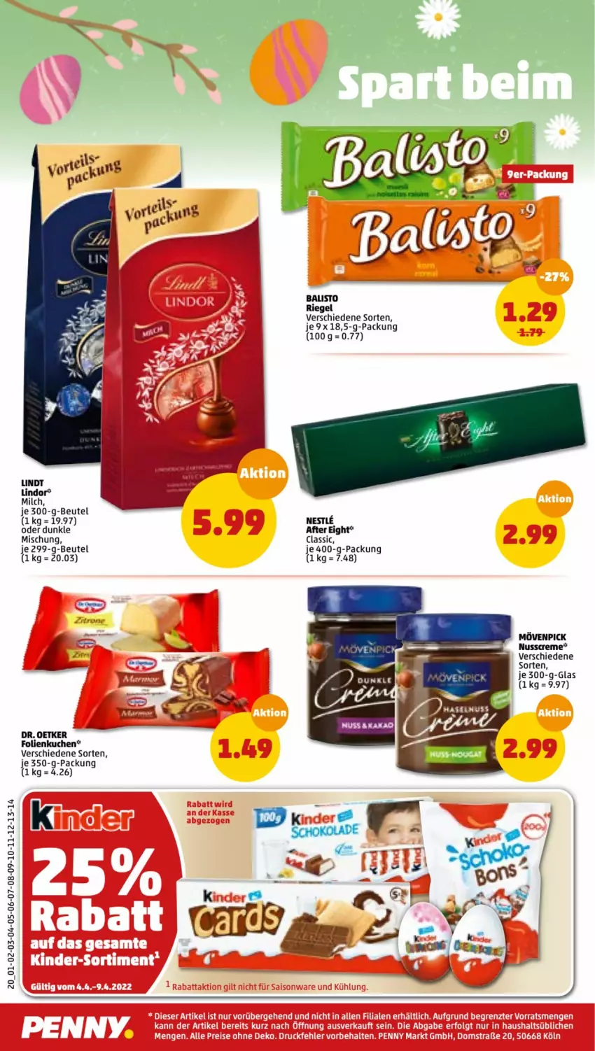 Aktueller Prospekt Penny - Prospekte - von 04.04 bis 09.04.2022 - strona 20 - produkty: after eight, balisto, beutel, creme, Dr. Oetker, kuchen, lindor, lindt, milch, mövenpick, nuss, riegel