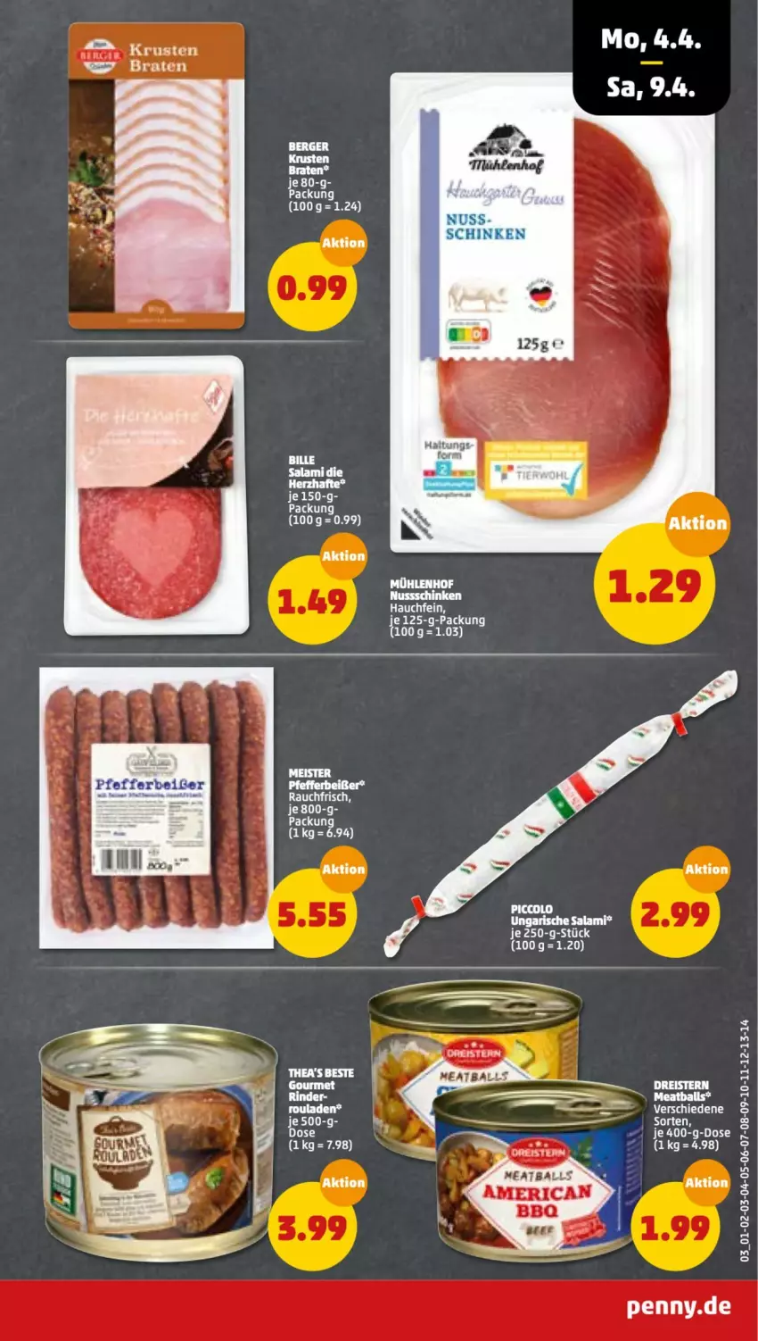 Aktueller Prospekt Penny - Prospekte - von 04.04 bis 09.04.2022 - strona 3 - produkty: ball, Berger, braten, eis, Meister, nuss, pfeffer, Pfefferbeißer, Rauch, rouladen, salami, schinken, tee, Ti, Ungarische Salami