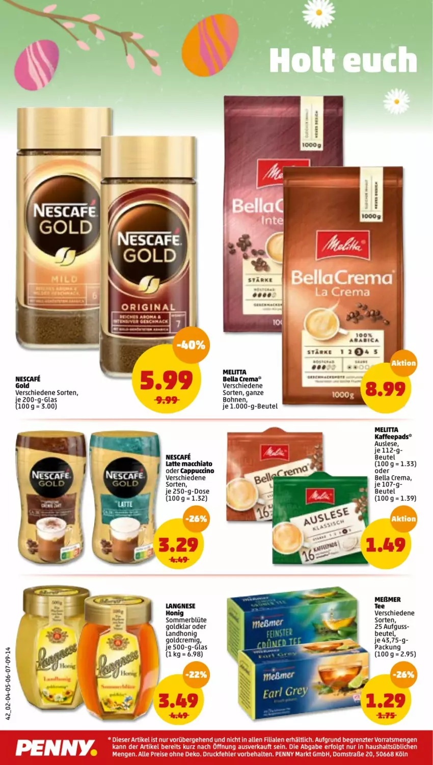 Aktueller Prospekt Penny - Prospekte - von 04.04 bis 09.04.2022 - strona 42 - produkty: abis, ACC, bella crema, beutel, Blüte, bohne, bohnen, Cap, cappuccino, chia, cin, eis, honig, kaffee, kaffeepads, langnese, latte, latte macchiato, mac, macchiato, melitta, nescafe, oder cappuccino, reis, tee, Ti