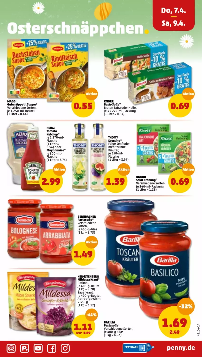 Aktueller Prospekt Penny - Prospekte - von 04.04 bis 09.04.2022 - strona 43 - produkty: auer, barilla, bernbacher, beutel, braten, elle, flasche, heinz, hengstenberg, ketchup, knorr, Kraut, kräuter, maggi, mayonnaise, pasta, rotkohl, salat, Sauerkraut, senf, Soße, suppe, thomy, Ti, tomato ketchup, Yo