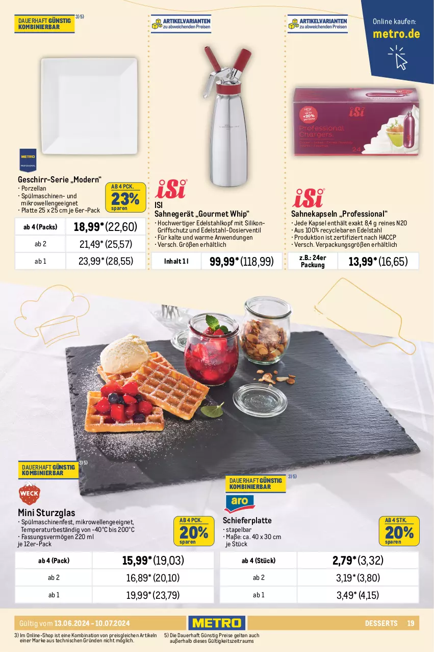 Aktueller Prospekt Metro - Küche & Kulinarik - von 13.06 bis 10.07.2024 - strona 19 - produkty: ACC, auer, auto, Behälter, braun, dessert, desserts, edelstahl, eis, eismaschine, elle, geback, geschirr, kompressor, latte, merl, Metro, mikrowelle, Mode, nero, reis, sahne, spülmaschinen, tee, teller, thermostat, Ti, tisch, Waffeleisen