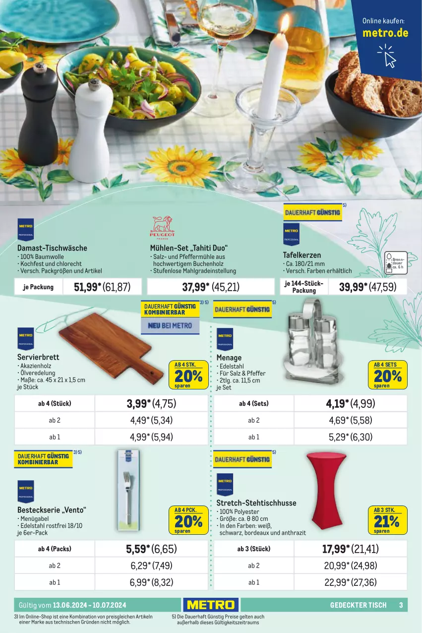 Aktueller Prospekt Metro - Küche & Kulinarik - von 13.06 bis 10.07.2024 - strona 3 - produkty: auer, Bau, baumwolle, besteck, buch, edelstahl, eis, gabel, Holz, kerze, LG, Metro, pfeffer, Pfeffermühle, reis, salz, Ti, tisch, Tischwäsche, wolle